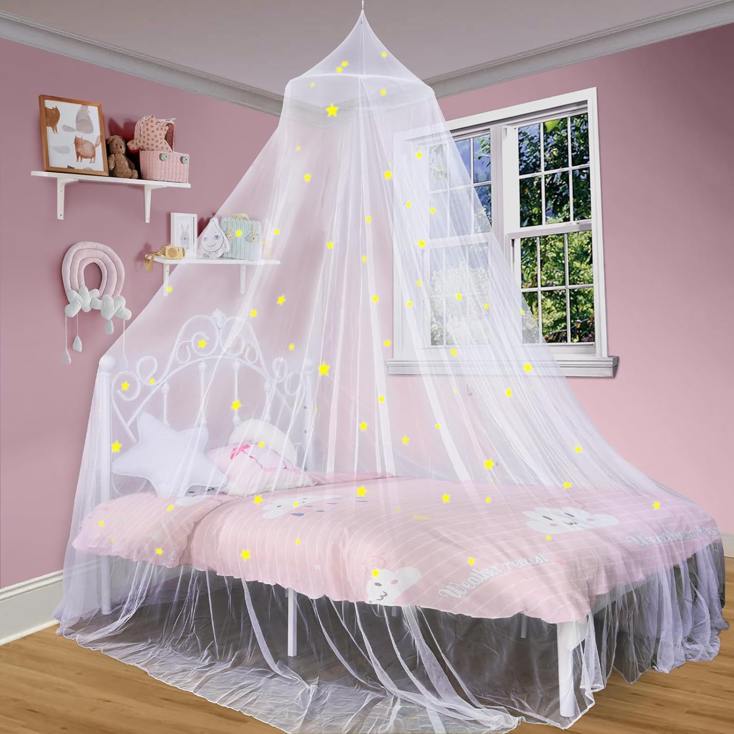 **Glowing Star Princess Bed Canopy for Girls - Kids Room Decor with Starry Net Curtains - Fits Single, Twin, Full & Queen Beds - Perfect for Bedroom, Nursery & Sleepover Decorations**