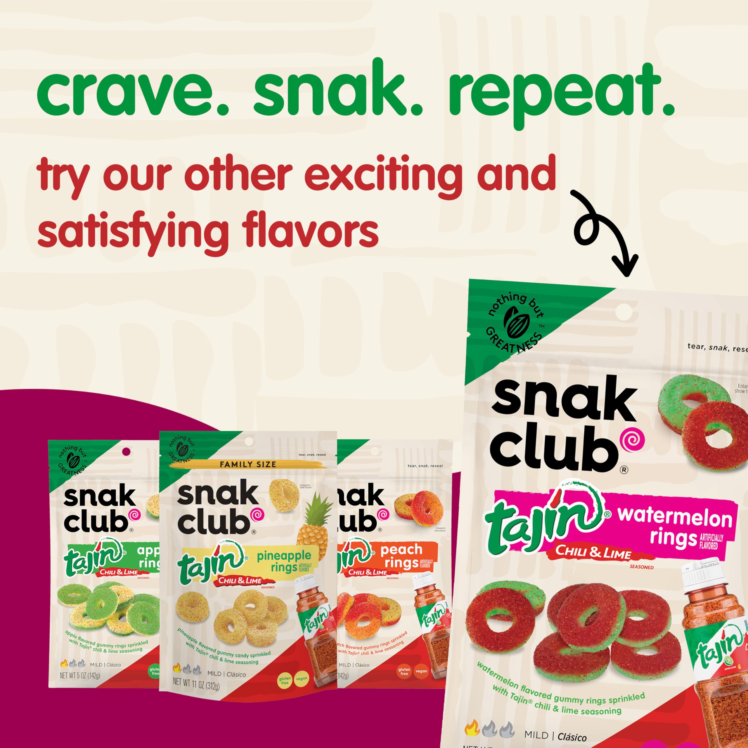 Snak Club Tajin Mango Rings Gummy Candy - Chili Lime Seasoned Fruit Snacks | Gluten-Free, Vegan, 11oz Resealable Bag - Perfect for Movie Nights, Road Trips & Office Snacking