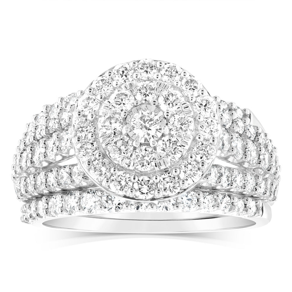 14K White Gold 1.95 Carat Diamond Halo Bridal 3-Piece Ring Set with Brilliant Cut Diamonds | Engagement, Wedding & Anniversary Jewelry Gift for Her