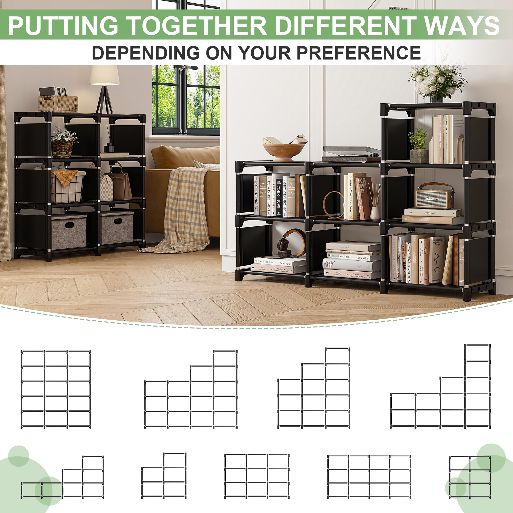 REIBII 5-Tier Bookshelf - Tall Bookcase with Storage Cubes, Black Book Shelf Organizer for Bedroom, Living Room, Office & Closet - Perfect for Storing Books, Decor, Toys & DIY Supplies