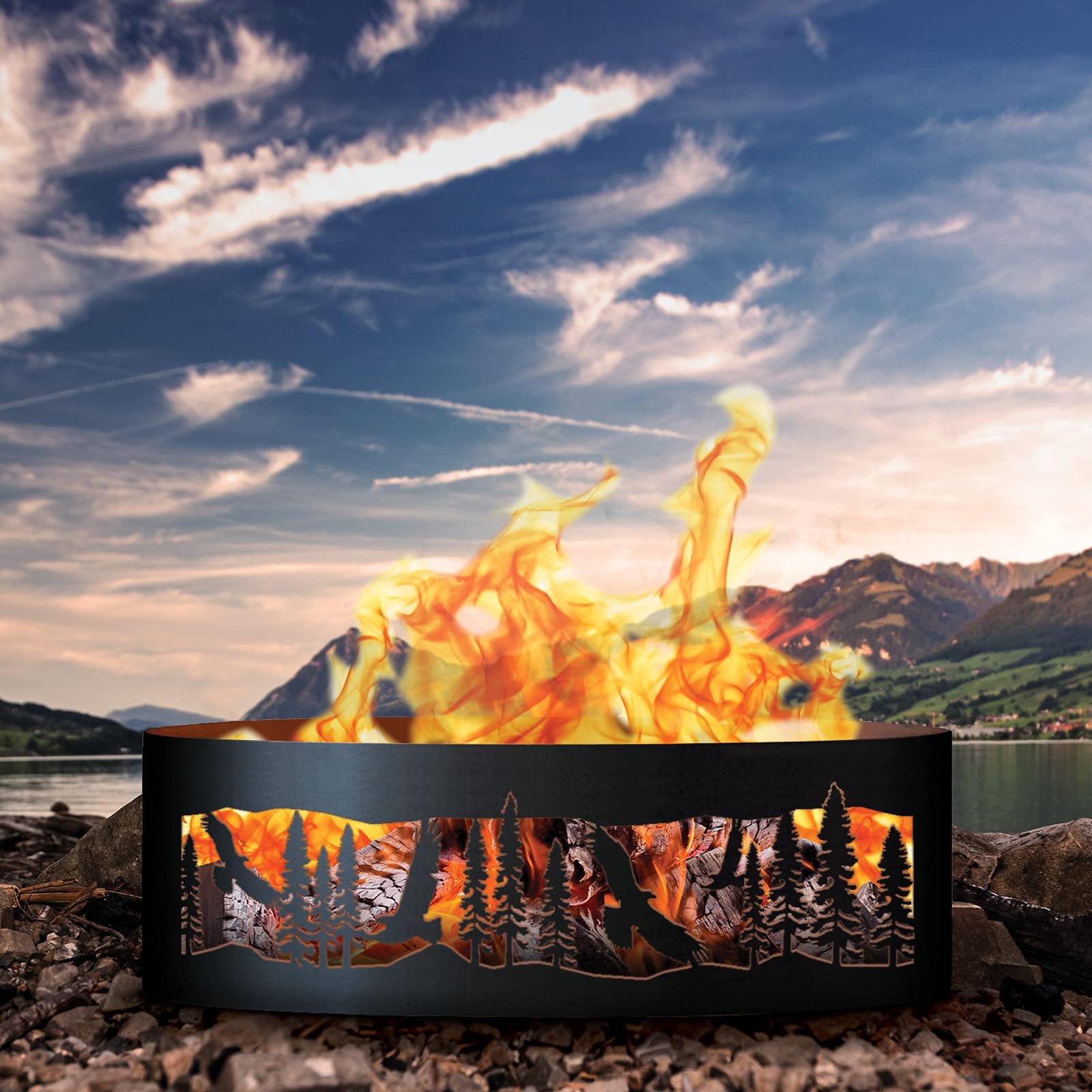 PD Metals SOEA01530-FP 12-inch Tall 30-inch Diameter Rustic Black Outdoor Fire Pit Ring with Fire Poker - Heavy Duty Steel Campfire Ring for Backyard, Patio, and Camping - Perfect for S'mores, Bonfires & Outdoor Gatherings