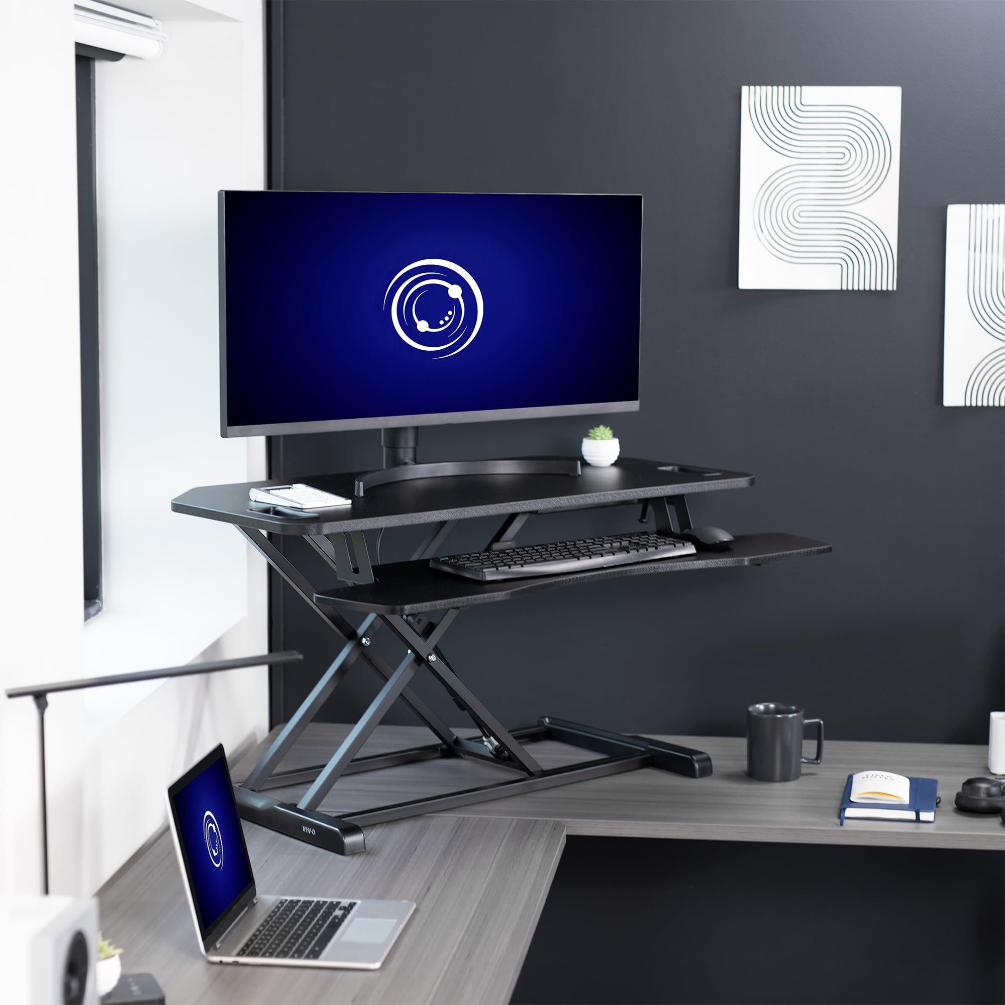 VIVO K Series 38 Inch Extra Wide Corner Standing Desk Converter - Height Adjustable Sit to Stand Workstation with Dual Monitor & Laptop Mount, Wide Keyboard Tray - Black (DESK-V000KL) | Perfect for Home Office, Gaming Setup & Ergonomic Workspace