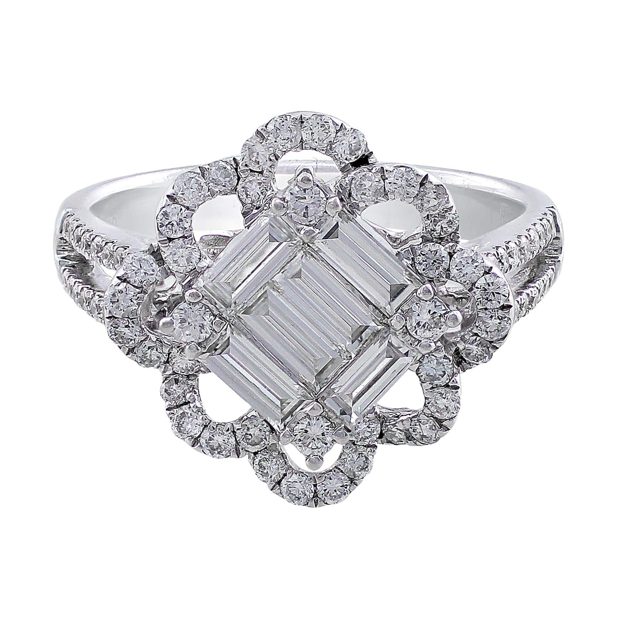 18K White Gold Square Floral Loop Bezel Diamond Ring for Women - Elegant Wedding, Engagement & Anniversary Jewelry Gift
