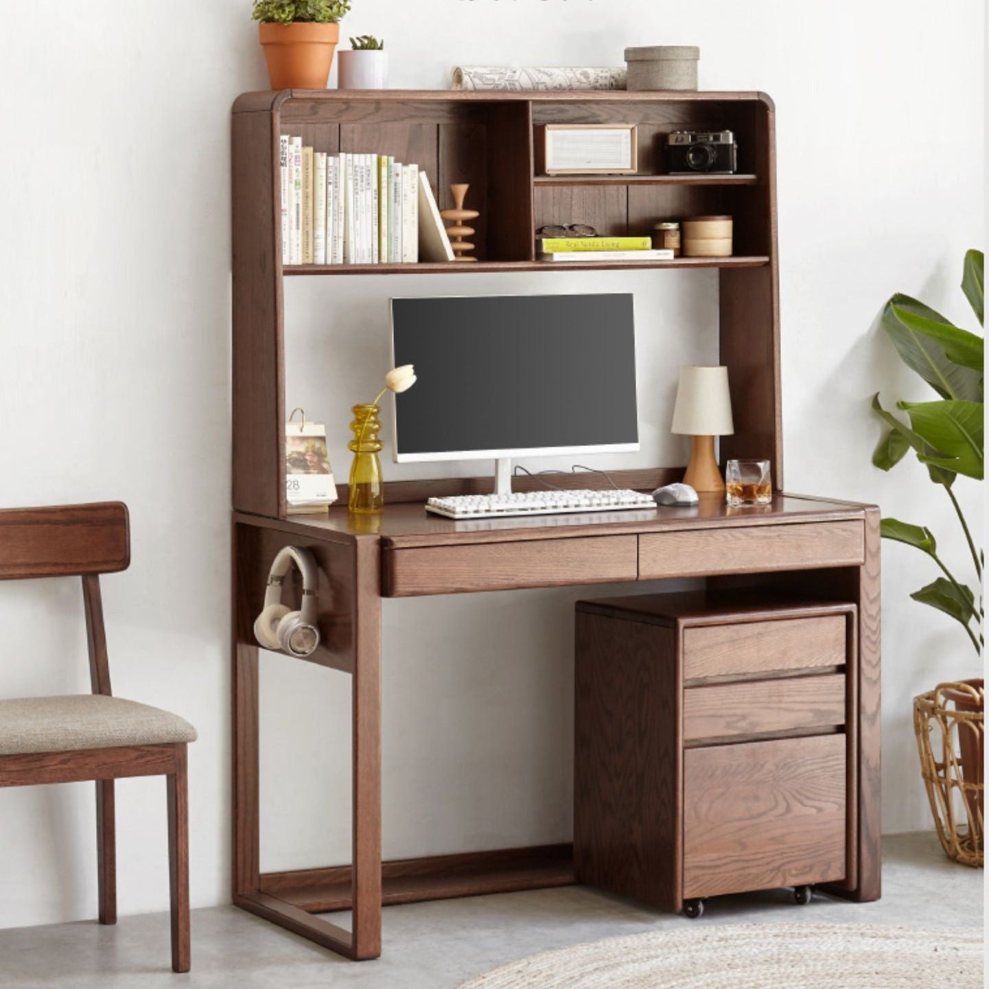 Solid Oak Wood Modern Combination Desk - Home Office Workstation for Study, Writing & Computer Use