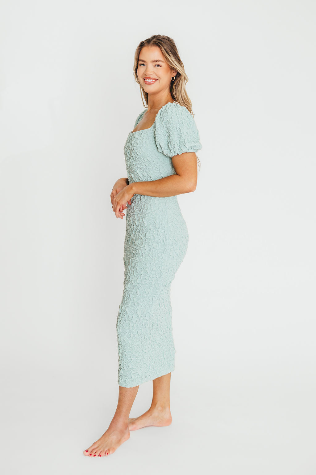 Blakeley Textured Midi Dress - Seafoam Green Bump Friendly Maternity Dress for Women | Perfect for Baby Showers, Maternity Photos & Everyday Wear