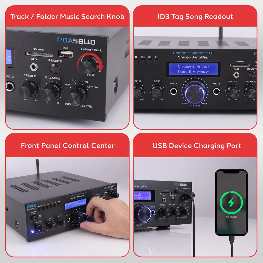 Wireless Bluetooth Stereo Amplifier Receiver for Home Audio - Stream Music from Phone, PC, TV | Perfect for Living Room, Bedroom, Party & Home Theater System