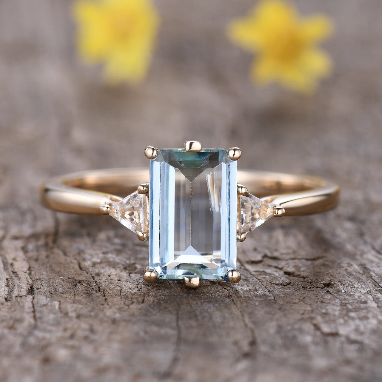 Three Stone Aquamarine Engagement Ring with White Topaz Triangle Accents in 18K Gold - Perfect for Proposals, Anniversaries & Bridal Jewelry