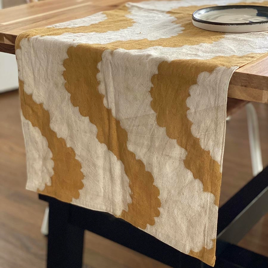 Handmade Block Printed Table Runner with Golden Rays Design - Perfect for Boho Dining Decor, Wedding Table Settings & Home Styling