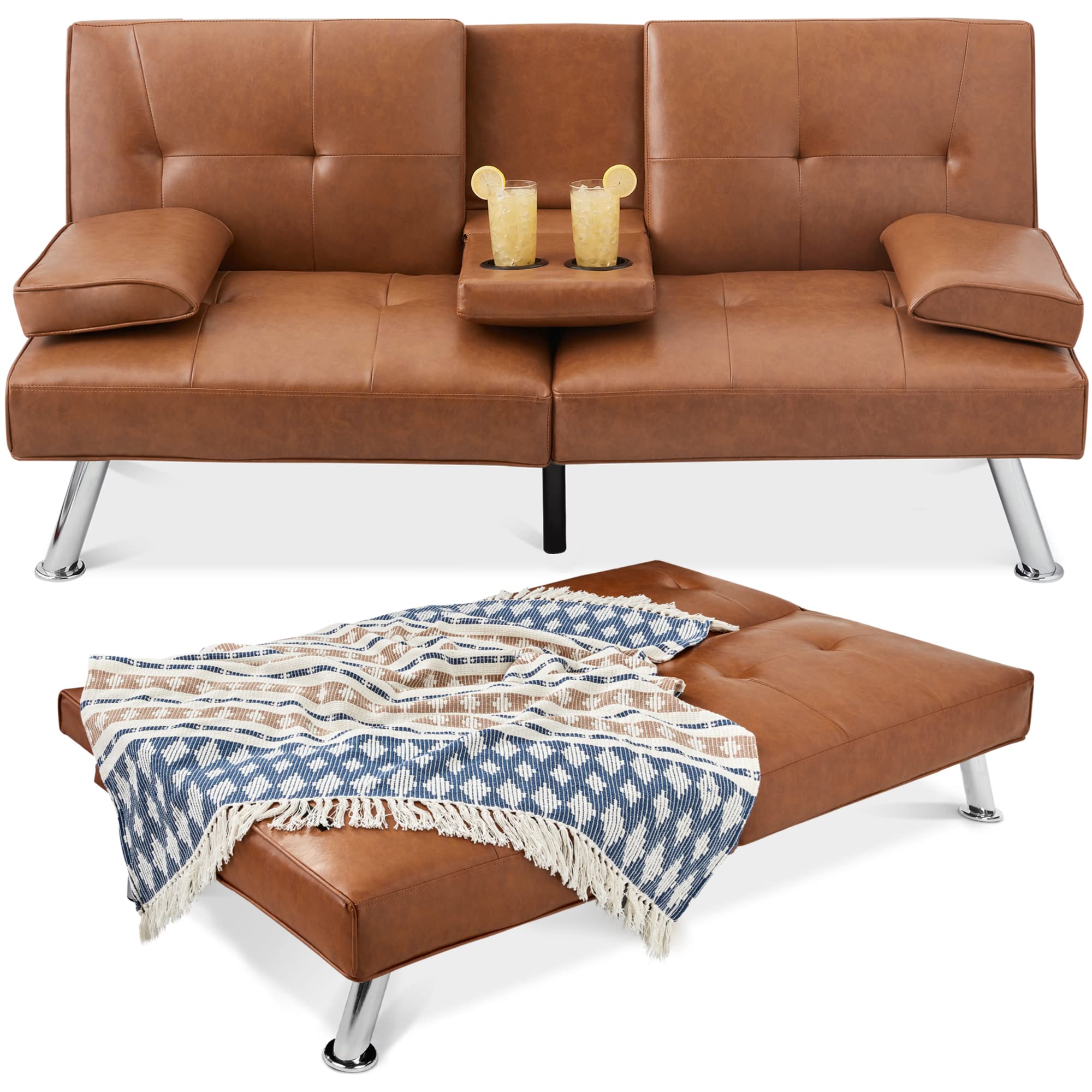 Best Choice Products Modern Convertible Futon Sofa Bed - Faux Leather Upholstery, Adjustable Folding Design with Removable Armrests, Tan - Perfect for Small Spaces, Guest Rooms & Home Offices