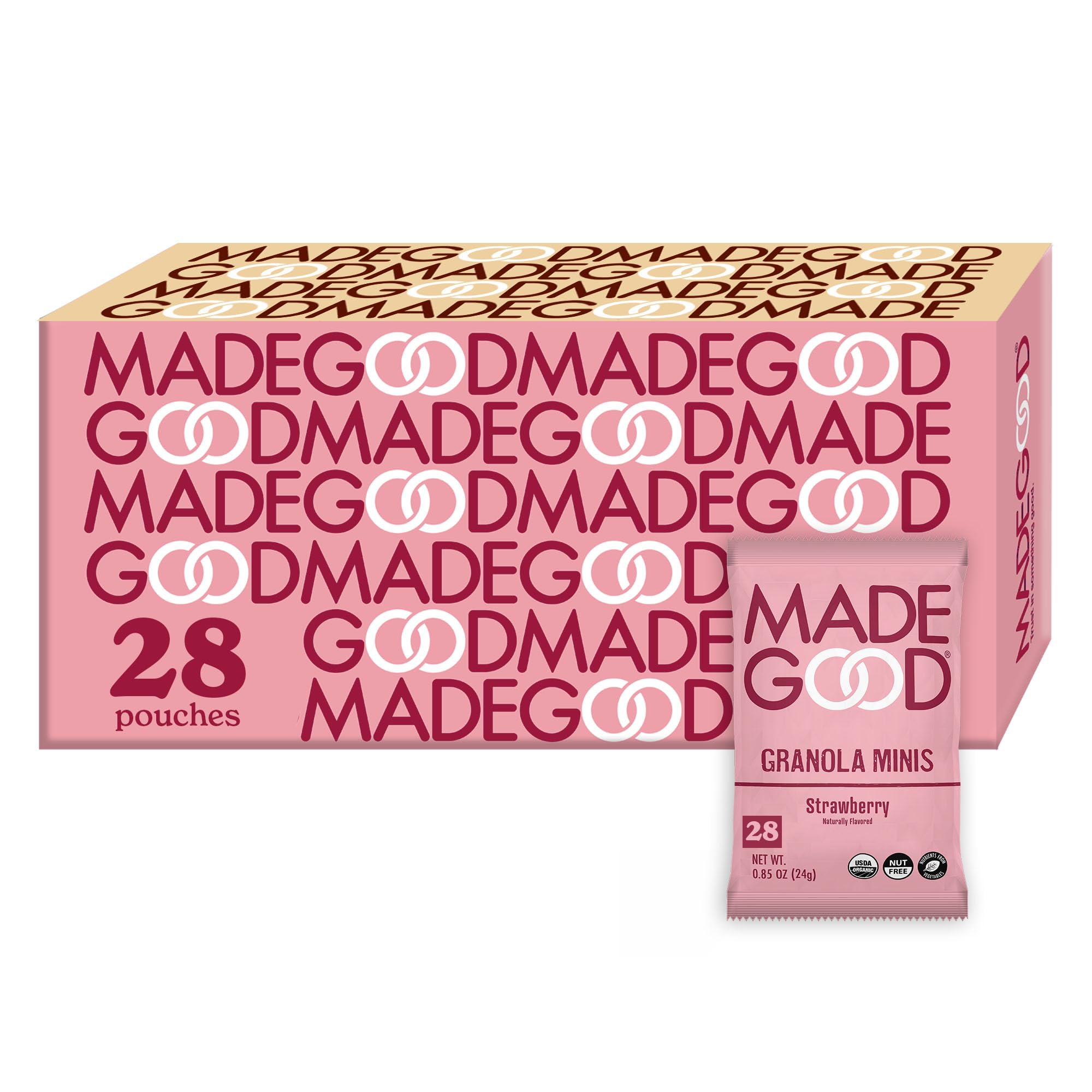 MadeGood Strawberry Granola Minis, 28 Count - Gluten Free, Organic, Vegan Snacks for Kids & Adults | Perfect for Lunchboxes, On-the-Go, and Healthy Snacking