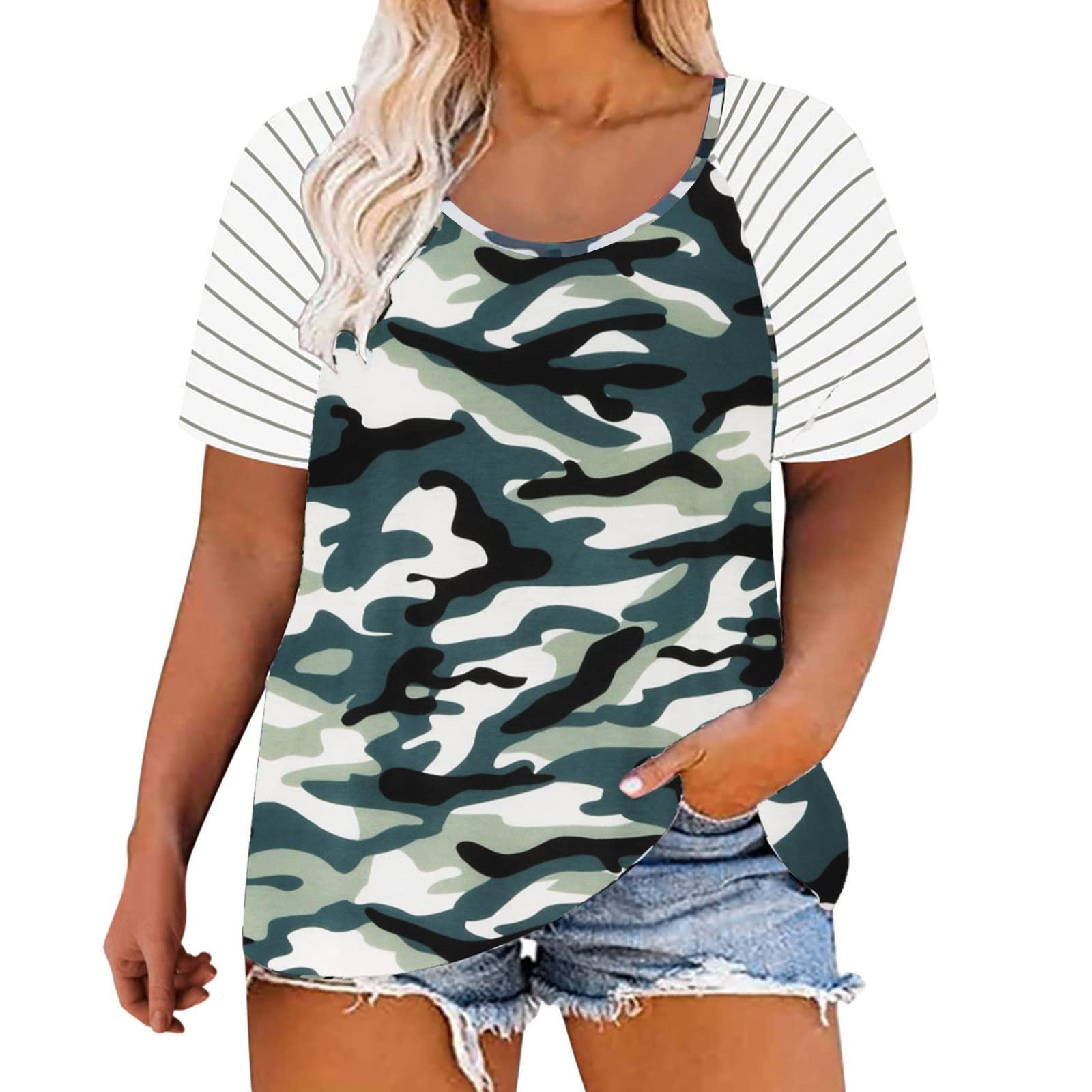 Plus Size Women's Short Sleeve Striped Tunic Tops - Casual Stitched Tee Shirts for Curvy Women - Perfect with Leggings for Work, Yoga & Everyday Wear