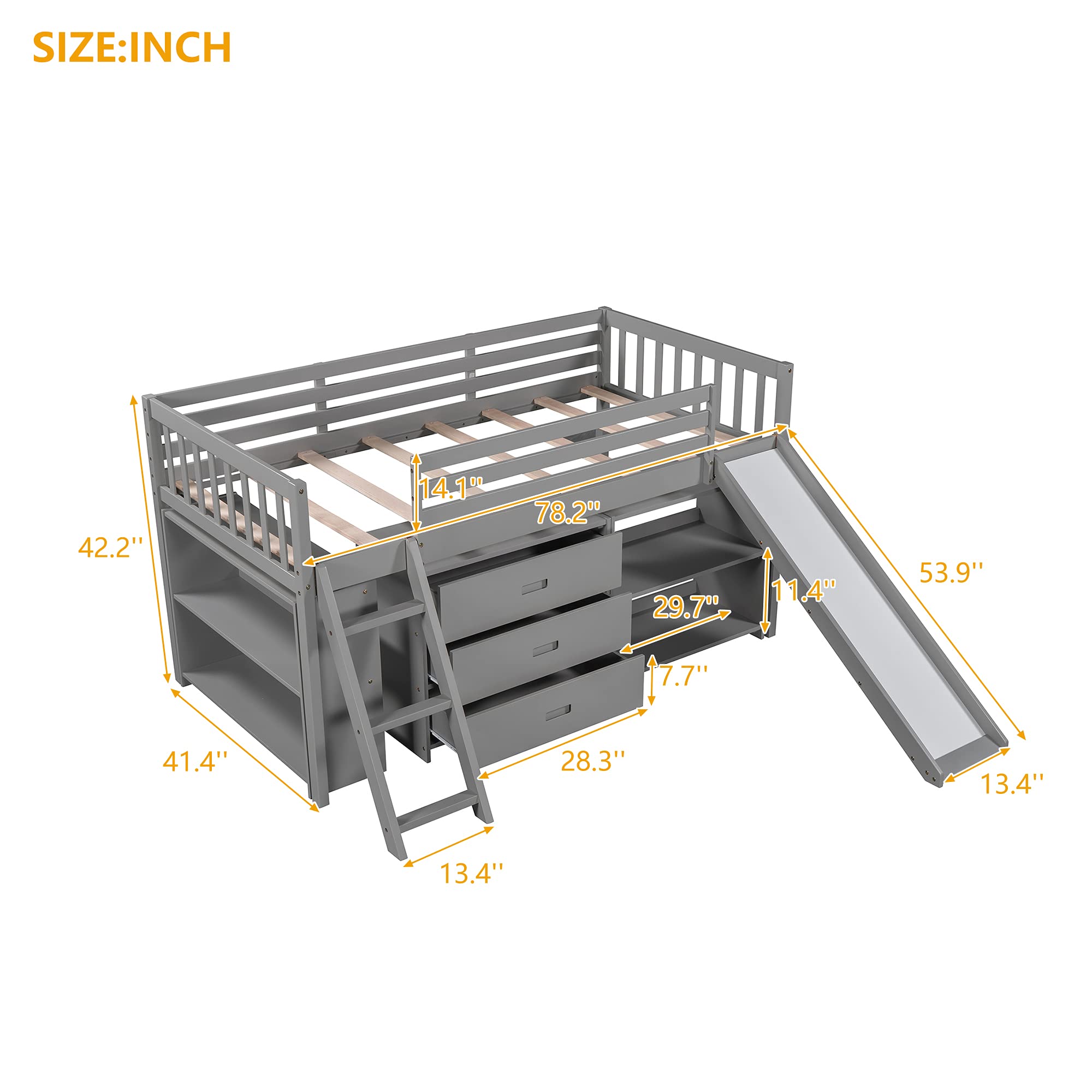Solid Wood Low Loft Bed for Kids - Twin Size with Convertible Slide & Ladder, Wooden Loft Bed with Built-in Bookcase & 3-Tier Drawers, Space-Saving Design - Perfect for Small Bedrooms, Dorm Rooms & Kids' Play Areas