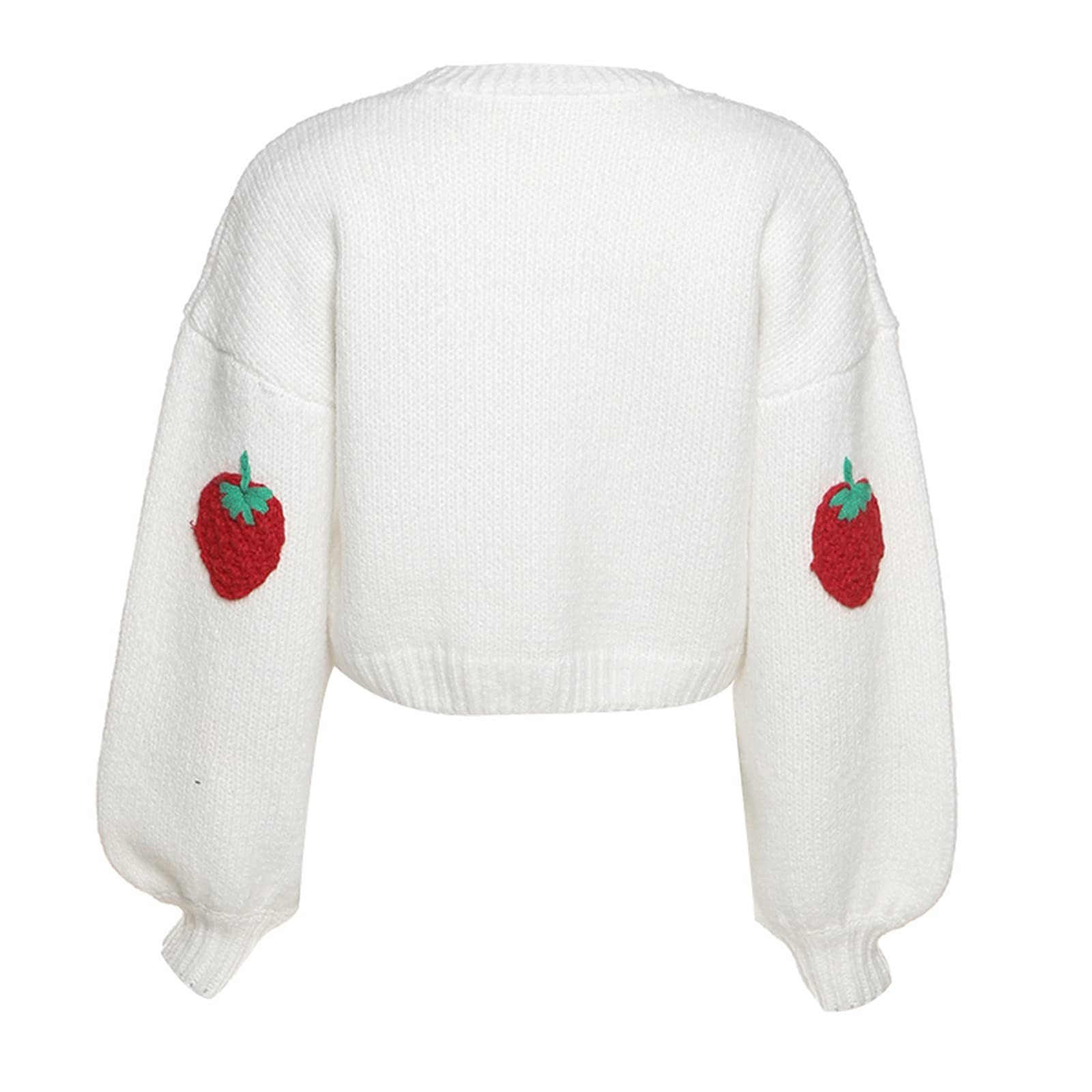 Y2K Kawaii Women's Crop Cardigan Sweater - Long Puff Sleeve Strawberry V-Neck Button Knit Top | Perfect for Casual Outfits, Date Nights & Aesthetic Instagram Photos