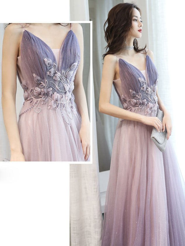 Elegant Purple V-Neck Tulle Long Prom Dress for Women - Formal Evening Gown for Homecoming, Ball, Wedding & Special Occasions