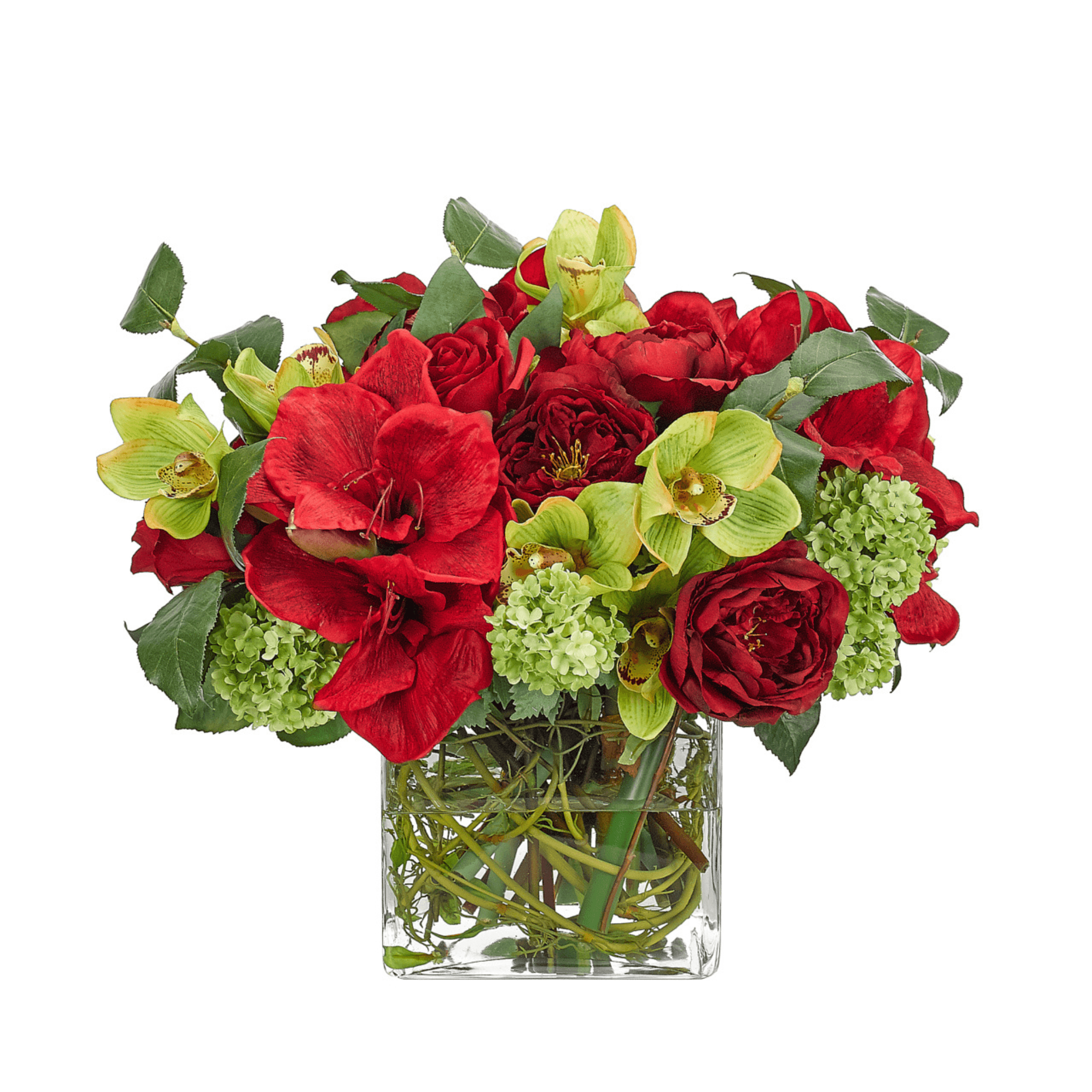 16 Red & Green Amaryllis Cymbidium Orchid Artificial Flowers in Glass Cube - Elegant Home Decor for Dining Table, Office Desk, and Wedding Centerpieces