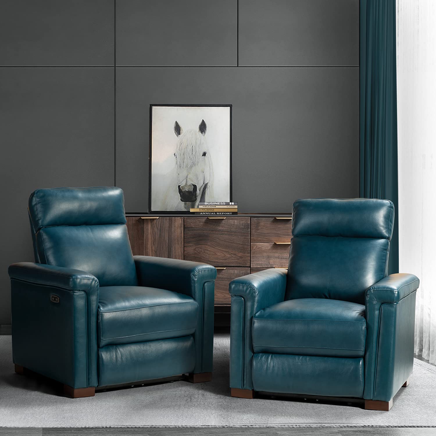 HULALA HOME Genuine Leather Electric Power Recliner Chair Set of 2 - Classic Reclining Sofa with USB Ports & Extended Footrest - Soft Living Room, Bedroom & Office Theater Seating - Turquoise - Perfect for Movie Nights, Gaming & Relaxation