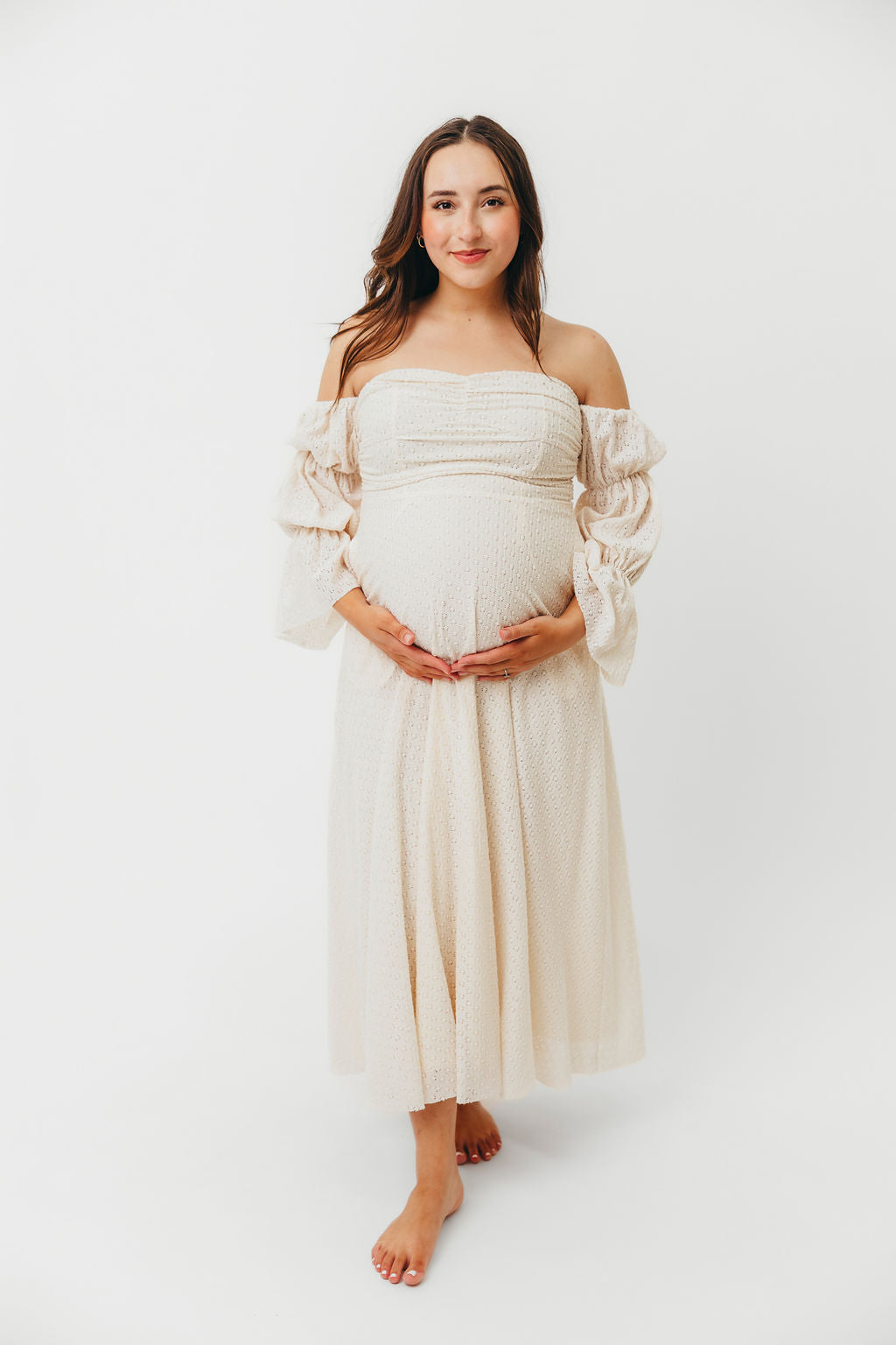 Corrine Tiered Sleeve Maxi Dress with Pockets - Ivory Cream Maternity Bump Friendly Dress for Women | Perfect for Baby Showers, Beach Vacations & Summer Weddings