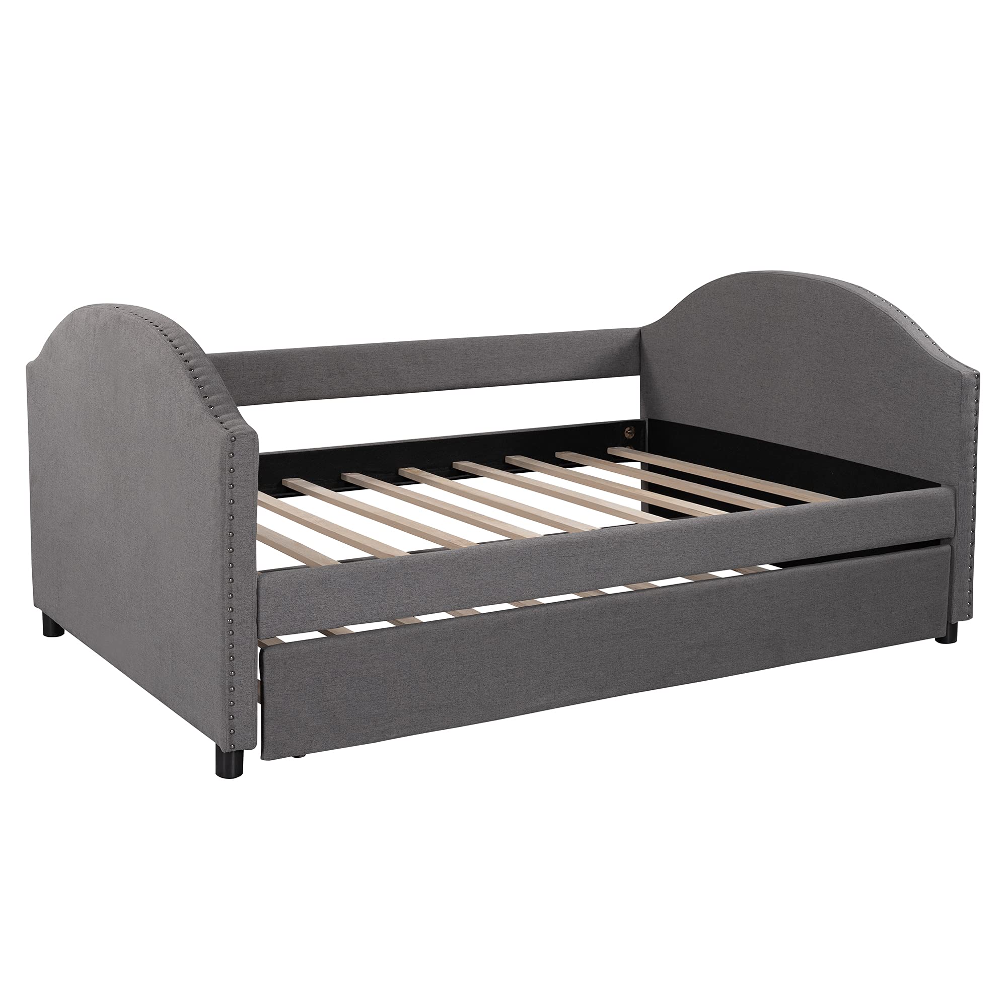 Full Size Upholstered Sofa Bed with Wood Frame & Trundle - 10-Slat Support System in Gray | Perfect for Guest Rooms, Small Apartments & Multi-Functional Living Spaces