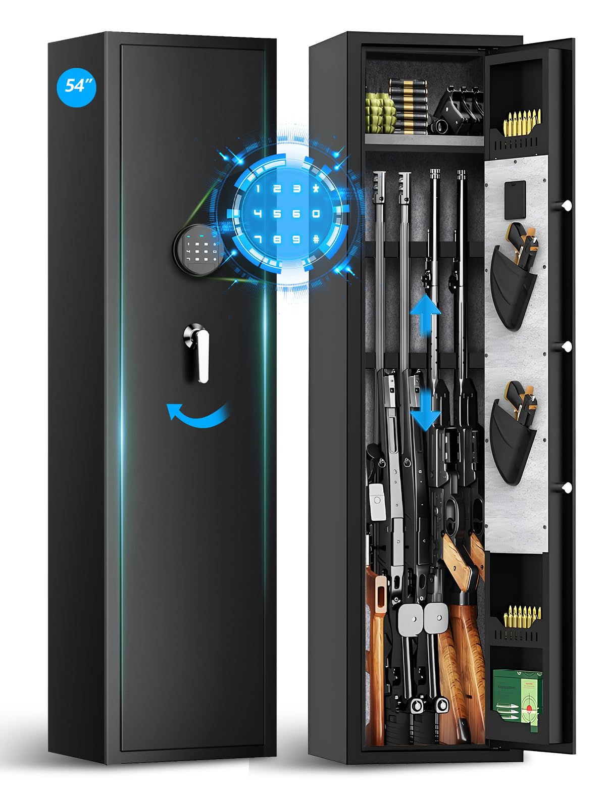 5-6 Gun Biometric Safe for Rifles & Pistols - Fingerprint Lock Security Cabinet with Alarm, Adjustable Rack & Silent Mode - No Assembly Required for Home, Office & Vehicle Protection