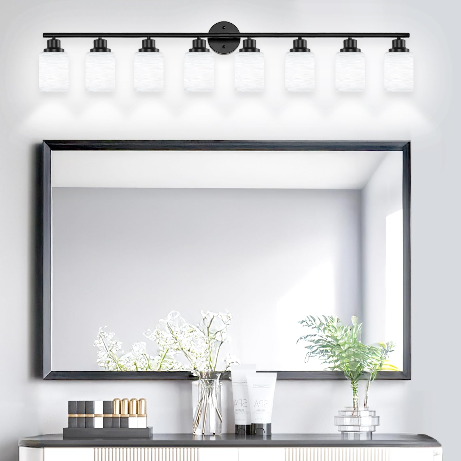 8-Light Modern Bathroom Vanity Fixture - Matte Black Wall Sconce with Milky White Frosted Glass Shades for Bathroom & Bedroom Lighting | Perfect for Vanity Mirror, Makeup Area and Dressing Room Illumination