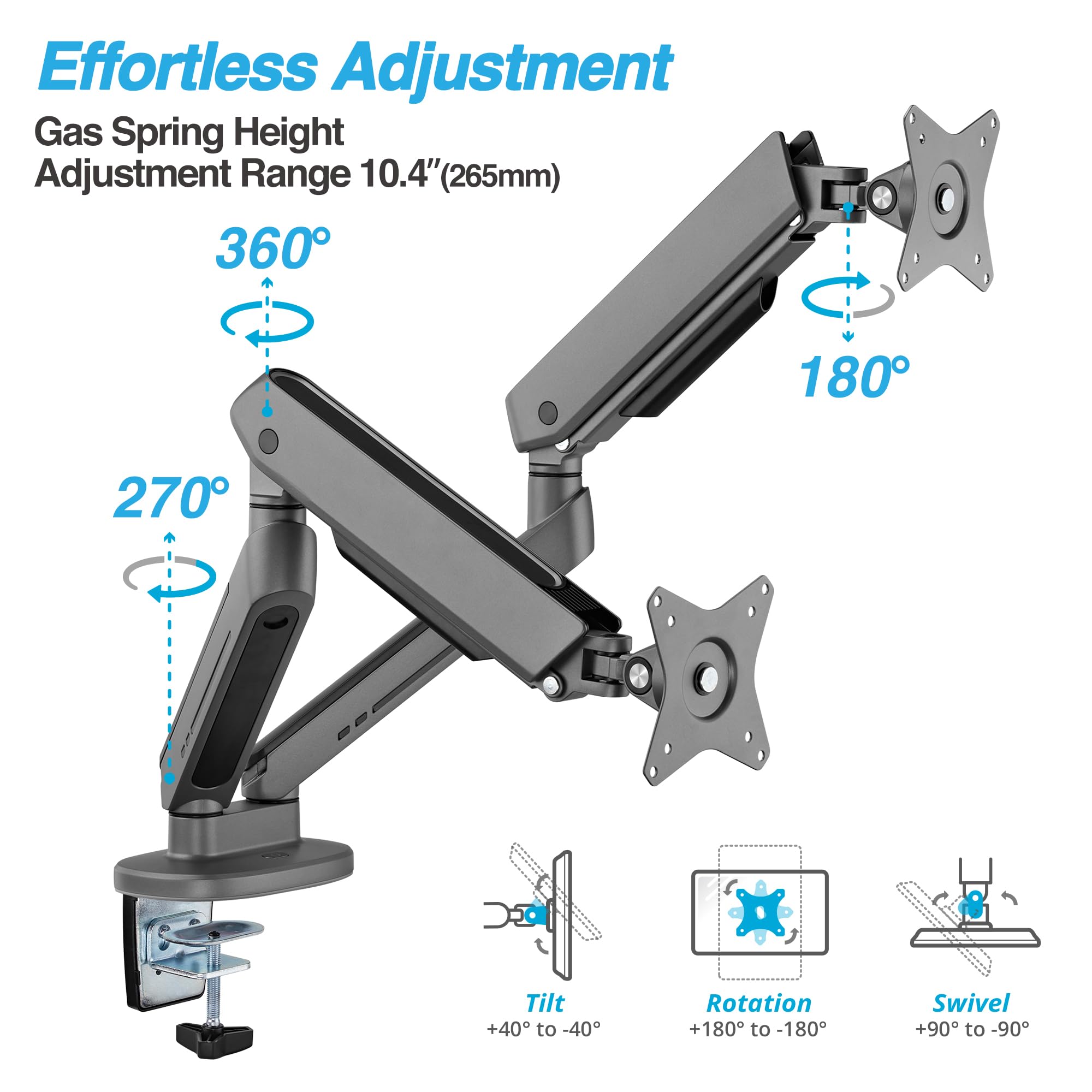 AVLT Dual 27”-43” RGB Gaming Monitor Arm Desk Mount with 20 Lighting Modes & Touch Control - Adjustable Height, Swivel, Tilt for Flat/Curved/Ultrawide Screens - Perfect for Gaming Setup, Home Office & Workstation (Dark Gray)