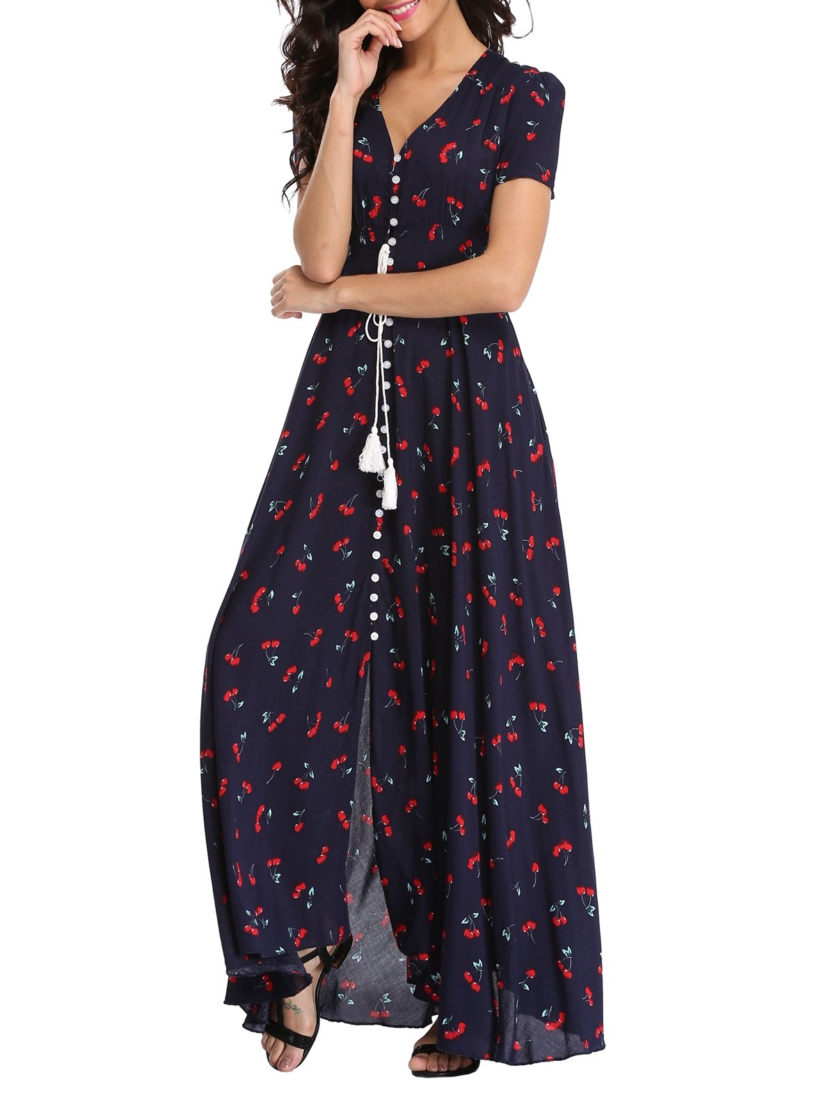 Women's Floral Maxi Dress - Casual Long Summer Boho Beach Dress with Short Sleeves & Button Up Front | Perfect for Beach Vacations, Music Festivals & Summer Parties