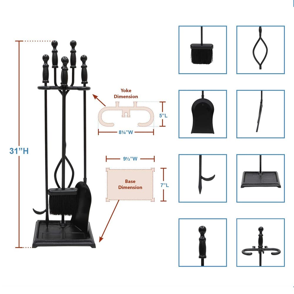 Westminster 5-Piece Black Fireplace Tool Set - Heavy Duty Steel Fireplace Poker, Shovel, Broom & Stand - Perfect for Indoor/Outdoor Fire Pits, Fireplaces & Wood Stoves