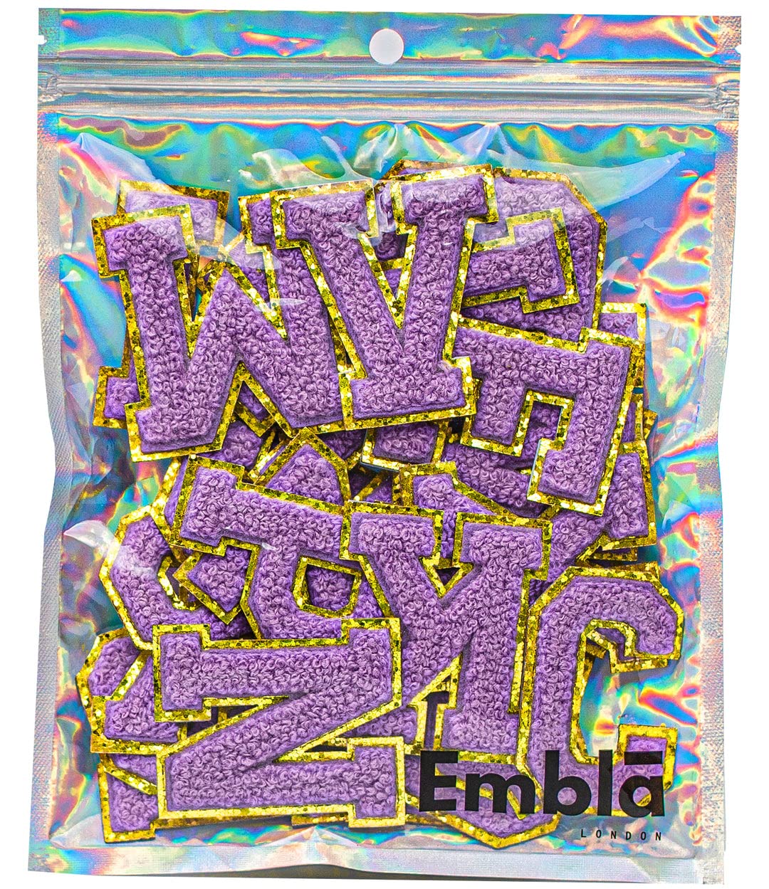 Embroidered Iron-On Chenille Letter Patches for Clothing - Varsity Fuzzy Preppy Letters with Gold Glitter - Adhesive Letterman Jersey Patches (Purple Dreams) - Perfect for Jackets, Hoodies, Bags & DIY Crafts