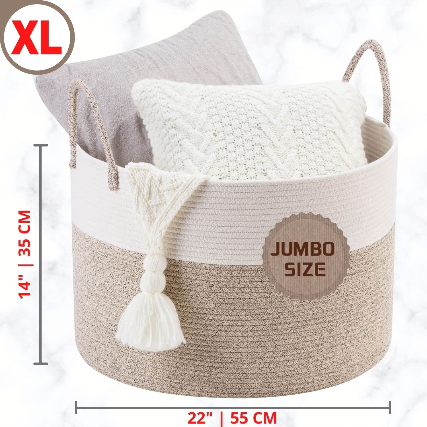 MINTWOOD Extra Large 22x14 Inch Cotton Rope Storage Basket - Woven Laundry Hamper, Toy Organizer, Decorative Pillow & Blanket Holder for Living Room, Bedroom, Nursery | Handmade with Handles for Easy Carrying