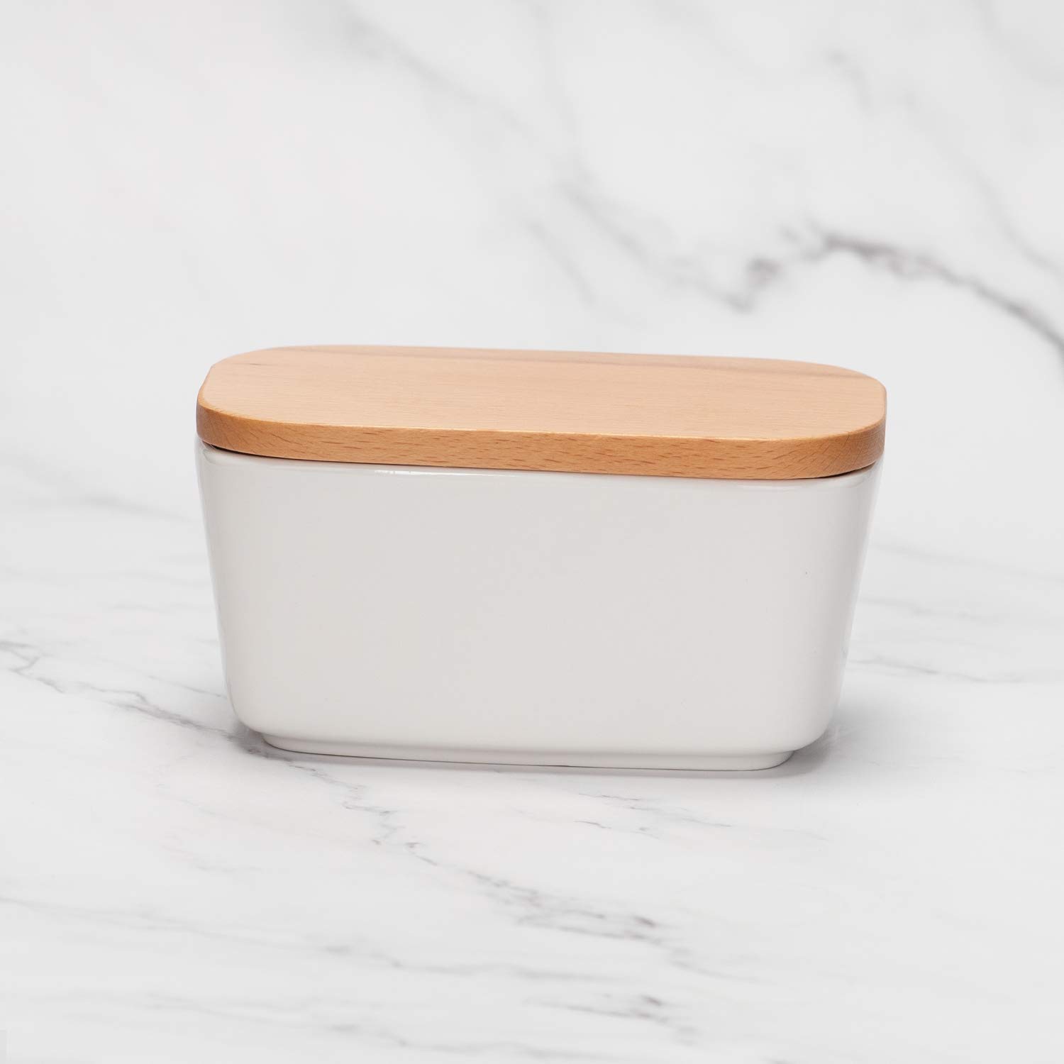 amHomel Butter Dish Set of 2 - Airtight Butter Keeper with Wooden Lid, Holds 2 Sticks of Butter (White) - Perfect for Kitchen Counter, Dining Table & Refrigerator Storage