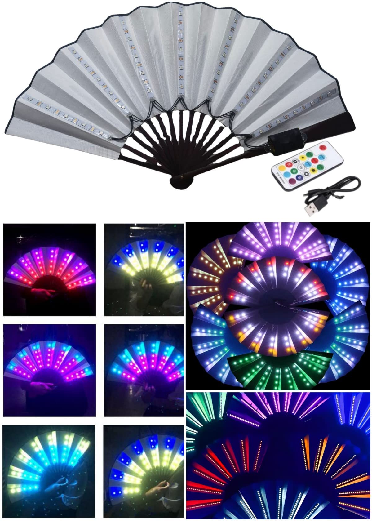 2023 New LED Folding Hand Fan with 365 Color Changing Modes & Remote Control - Cool Multifunctional Rave Party Fan, Large Light Up Hand Fan for Outdoor Events, Concerts, Festivals & Gifts (White)