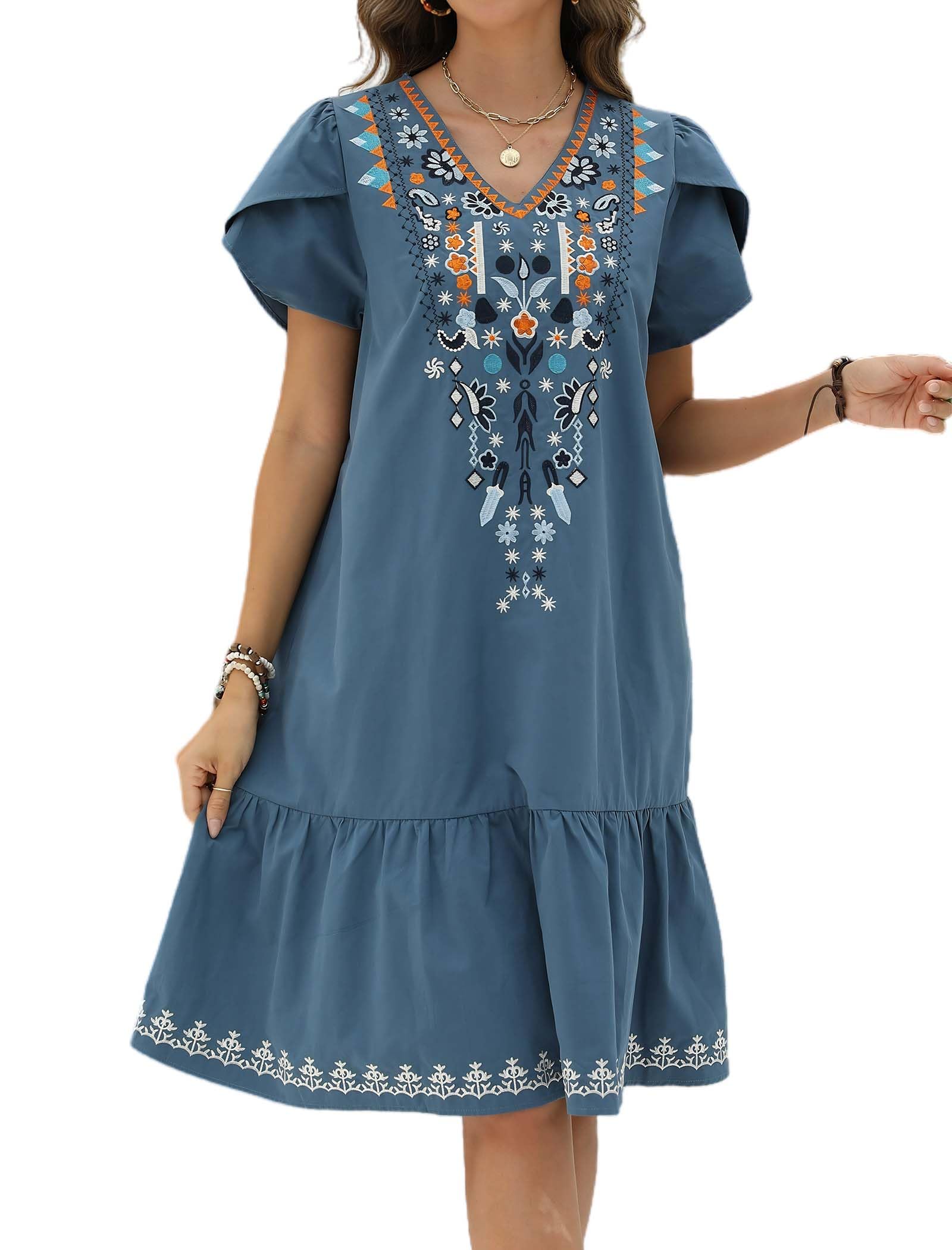LauraKlein Women's Summer Floral Embroidered Boho Dress with Ruffled Sleeves - Mexican Peasant Style Casual Maxi Dress for Beach, Vacation & Outdoor Parties