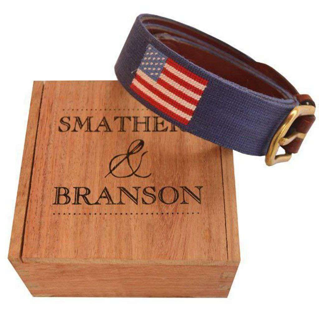 Smathers & Branson Navy Blue American Flag Needlepoint Belt - Premium Preppy Style Accessory for Men | Perfect for Golf, Boating & Patriotic Events
