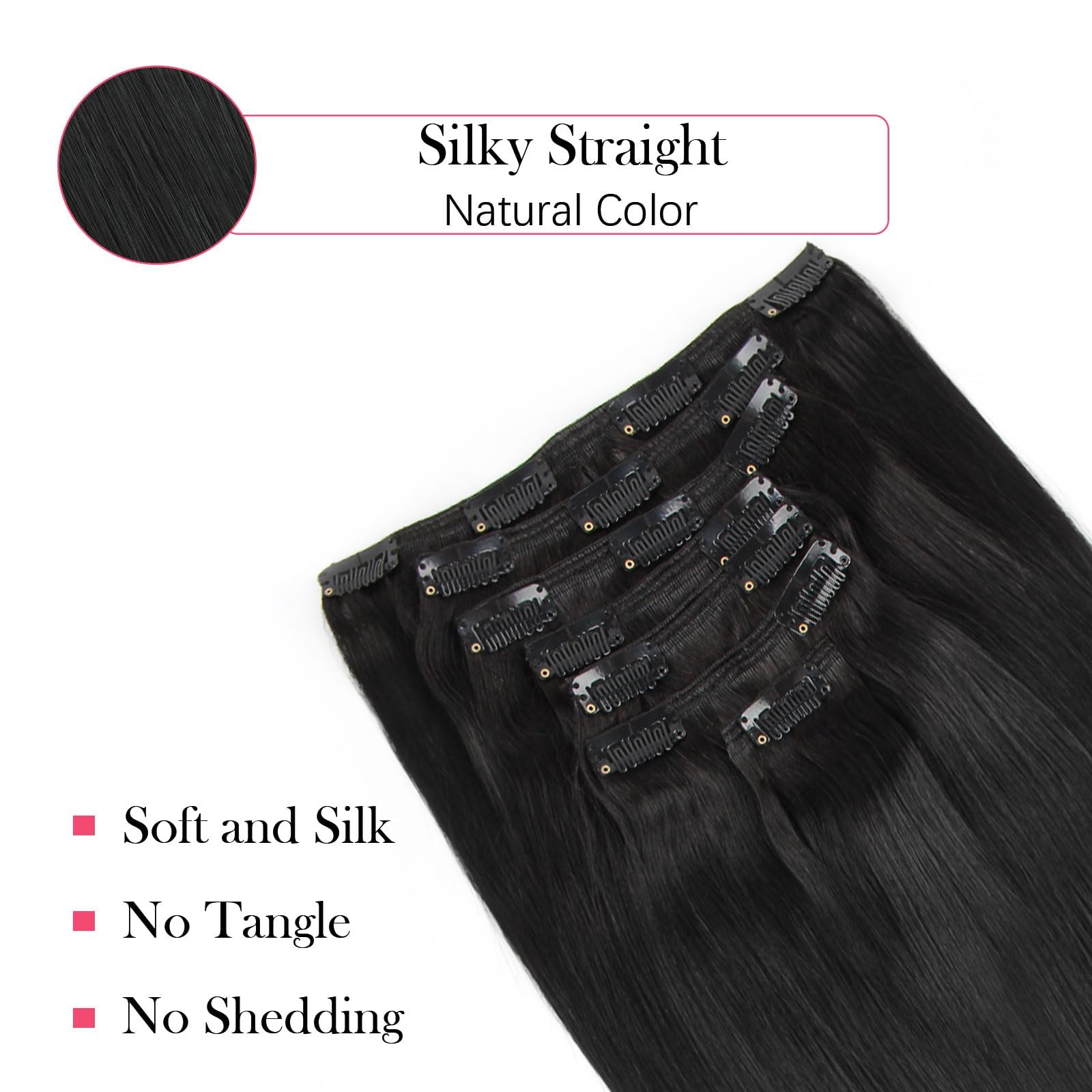 Sassina 18 Inch Silky Straight Clip In Human Hair Extensions - 100% Remy Human Hair, Seamless & Natural Look - 7 Pcs with 17 Clips (120g) - Perfect for Black Women - Great for Daily Styling, Parties & Special Occasions