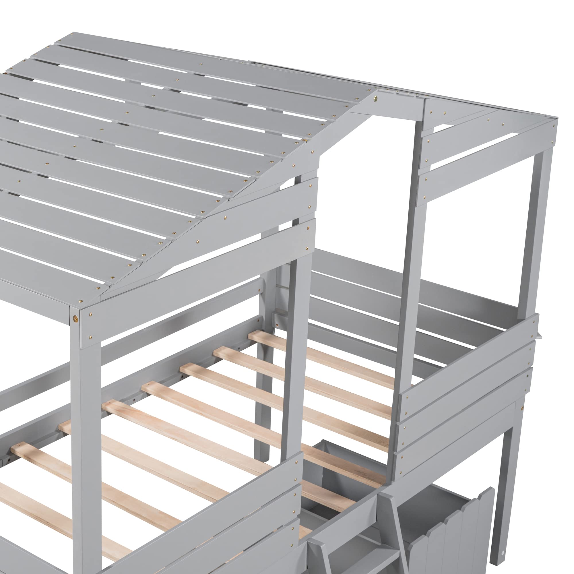 Harper & Bright Designs Twin Size Wood Loft House Bed with 2 Drawers, Storage, Ladder & Roof - Grey Kids & Teens Bed Frame with Windows, No Box Spring Needed - Perfect for Small Bedrooms, Dorm Rooms & Kids' Play Areas