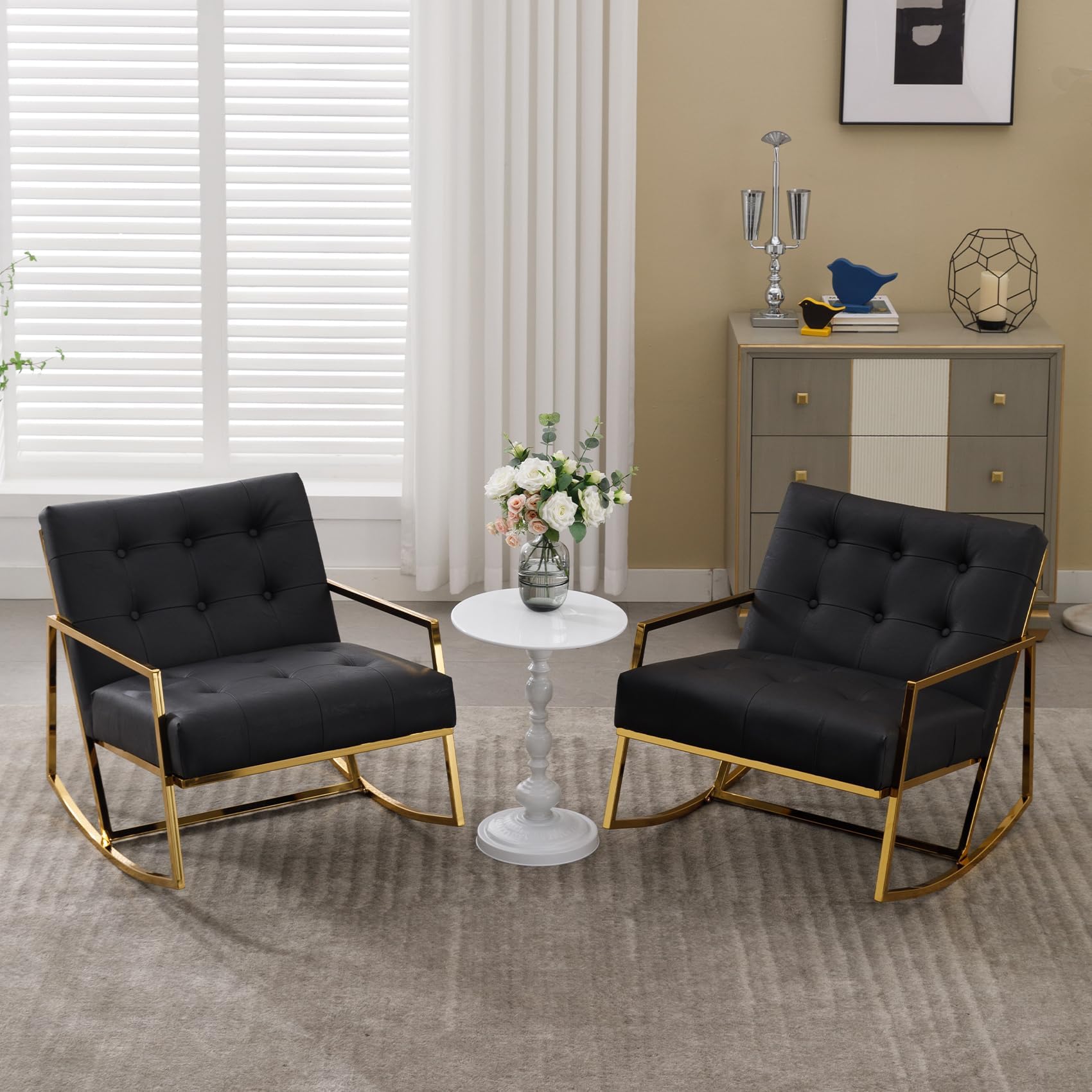2 Pack PU Leather Rocking Recliner Chairs with Gold Metal Base - Modern Glider Rocker for Nursery, Living Room & Bedroom - Wide Comfy Reading Accent Chair for Indoor Use (Black)