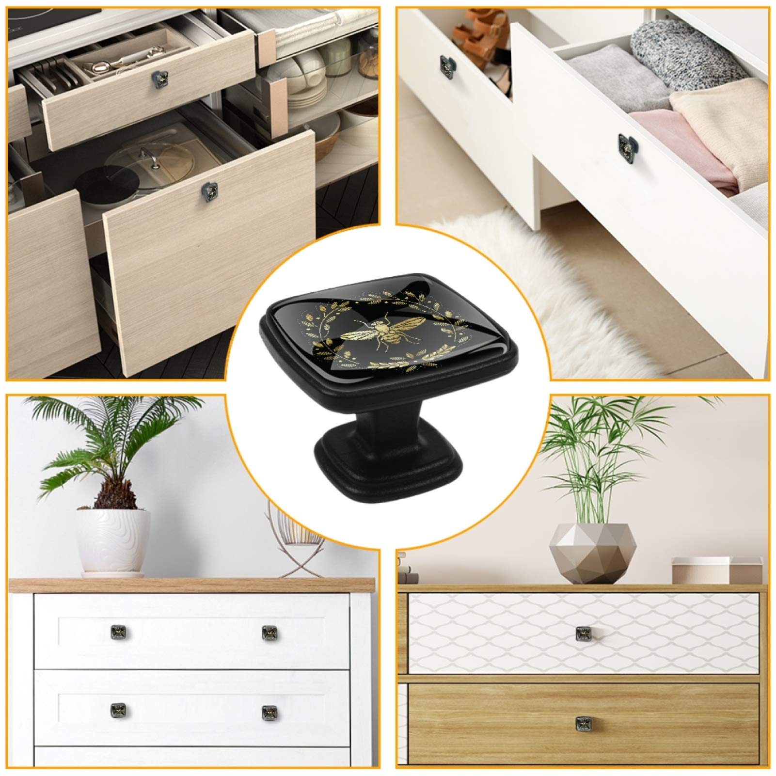 4 Pcs Golden Flying Bee Cabinet Handles - Square Drawer Pulls & Knobs with Screws for Furniture & Office Cabinets - Elegant Home & Office Decoration
