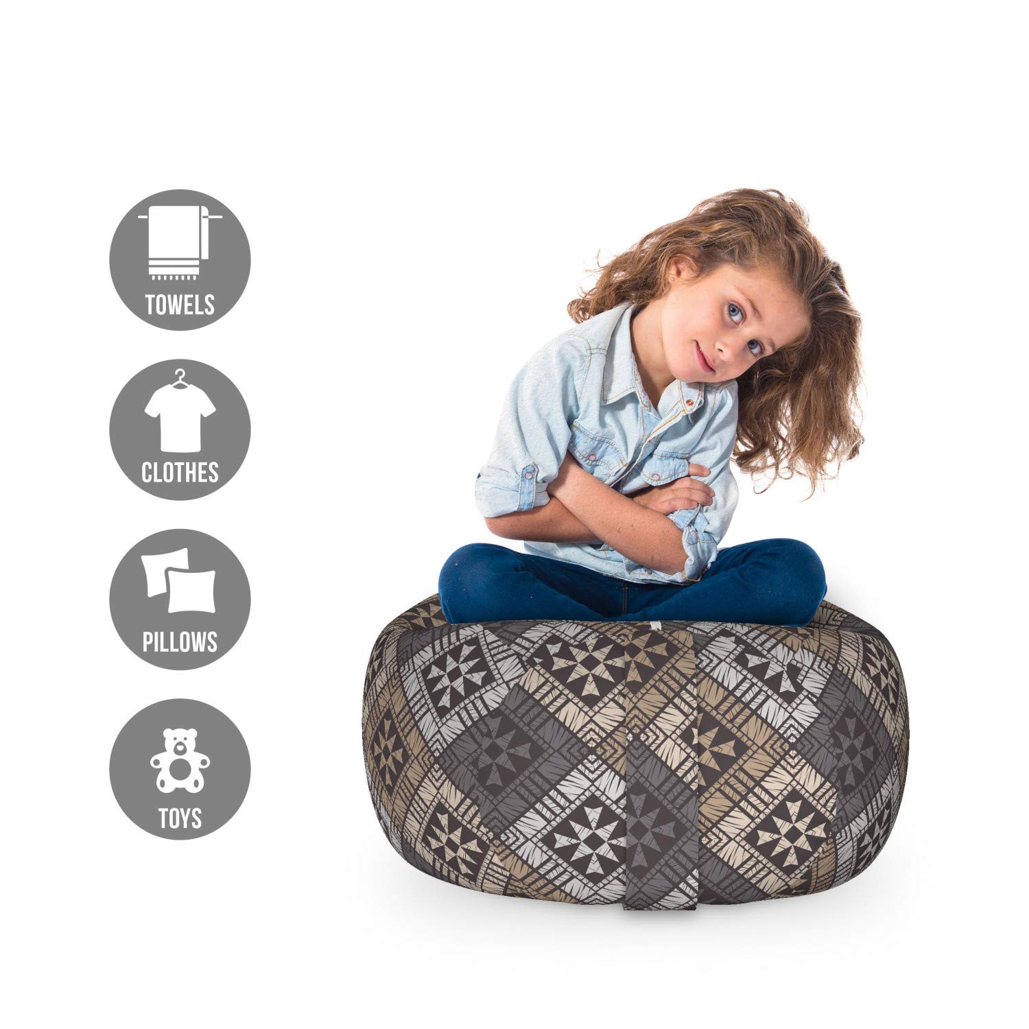 Ambesonne Abstract Storage Toy Bag Chair - Ethnic Traditional Design, Washable Stuffed Animal Organizer, Small Size in Dimmable Gray | Perfect for Kids' Room, Nursery, Playroom & Home Organization