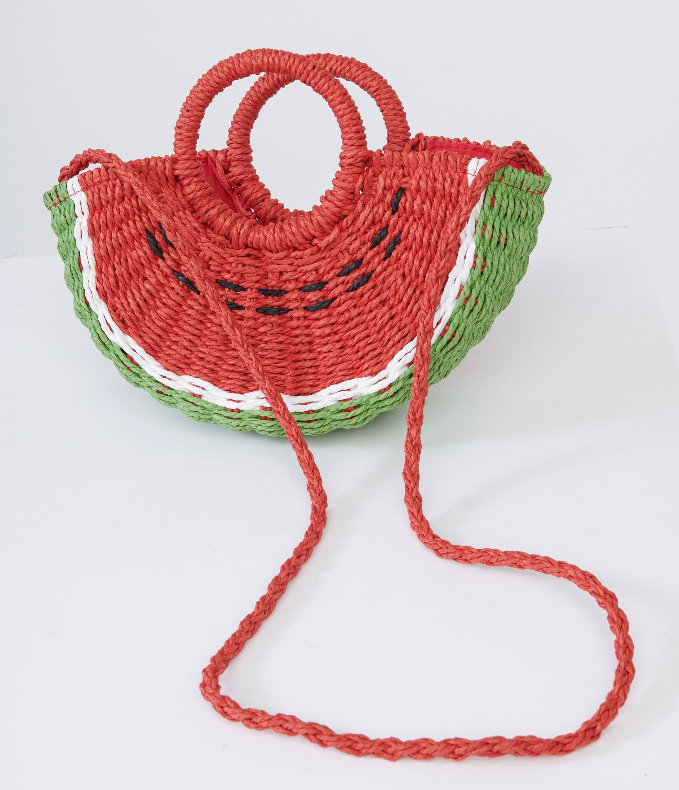 Vintage 1970s Watermelon Print Rattan Woven Handbag - Retro Summer Beach Tote for Women, Perfect for Picnics, Vacations & Boho Fashion