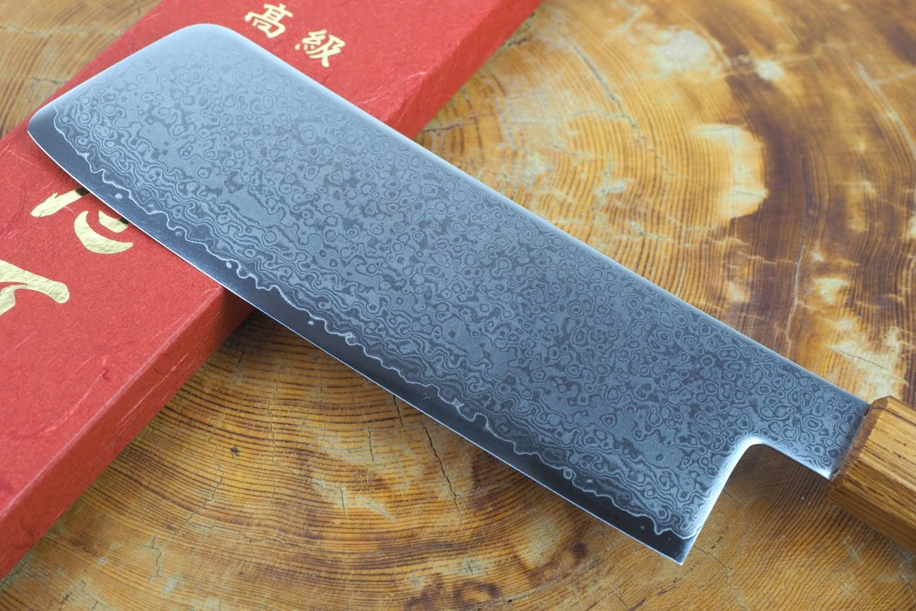 Premium Sakai Jikko Loco Damascus Wa Nakiri Knife 16cm - VG10 Stainless Steel with Mirror Polished Nickel Damascus & Japanese Oak Handle - Perfect for Sushi, Vegetables & Asian Cuisine Prep