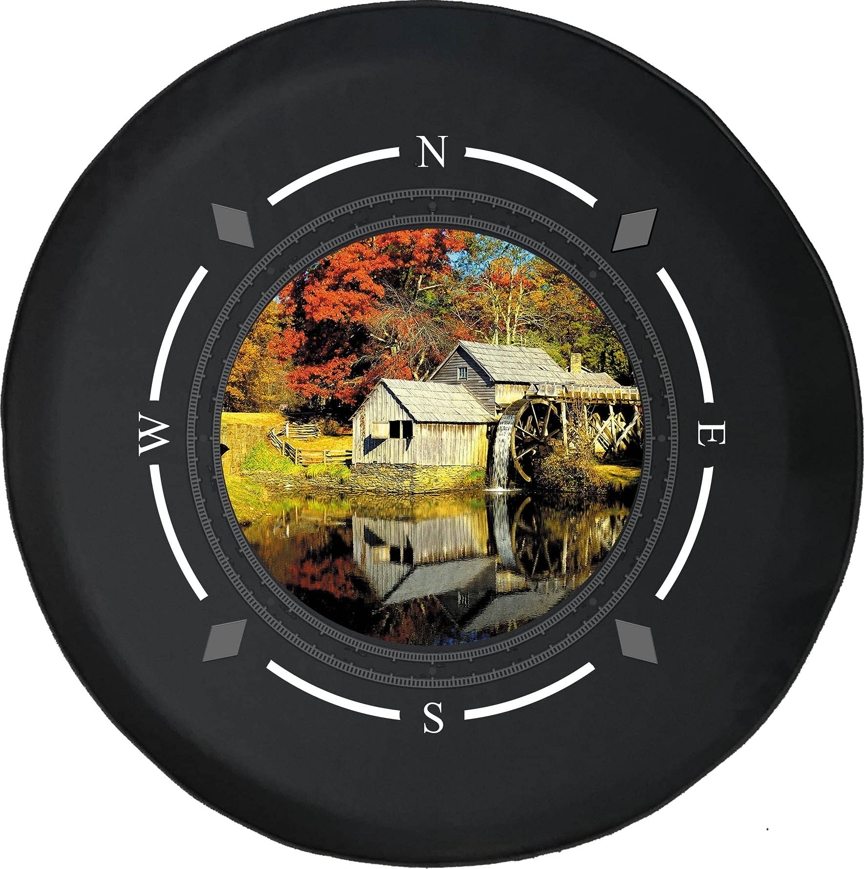 American Unlimited Spare Tire Cover with Compass & Old Mill Water Wheel Design - Universal Fit for SUV, Trailer, RV & Most Vehicles | Durable Waterproof Accessory for Off-Road Adventures & Camping Trips