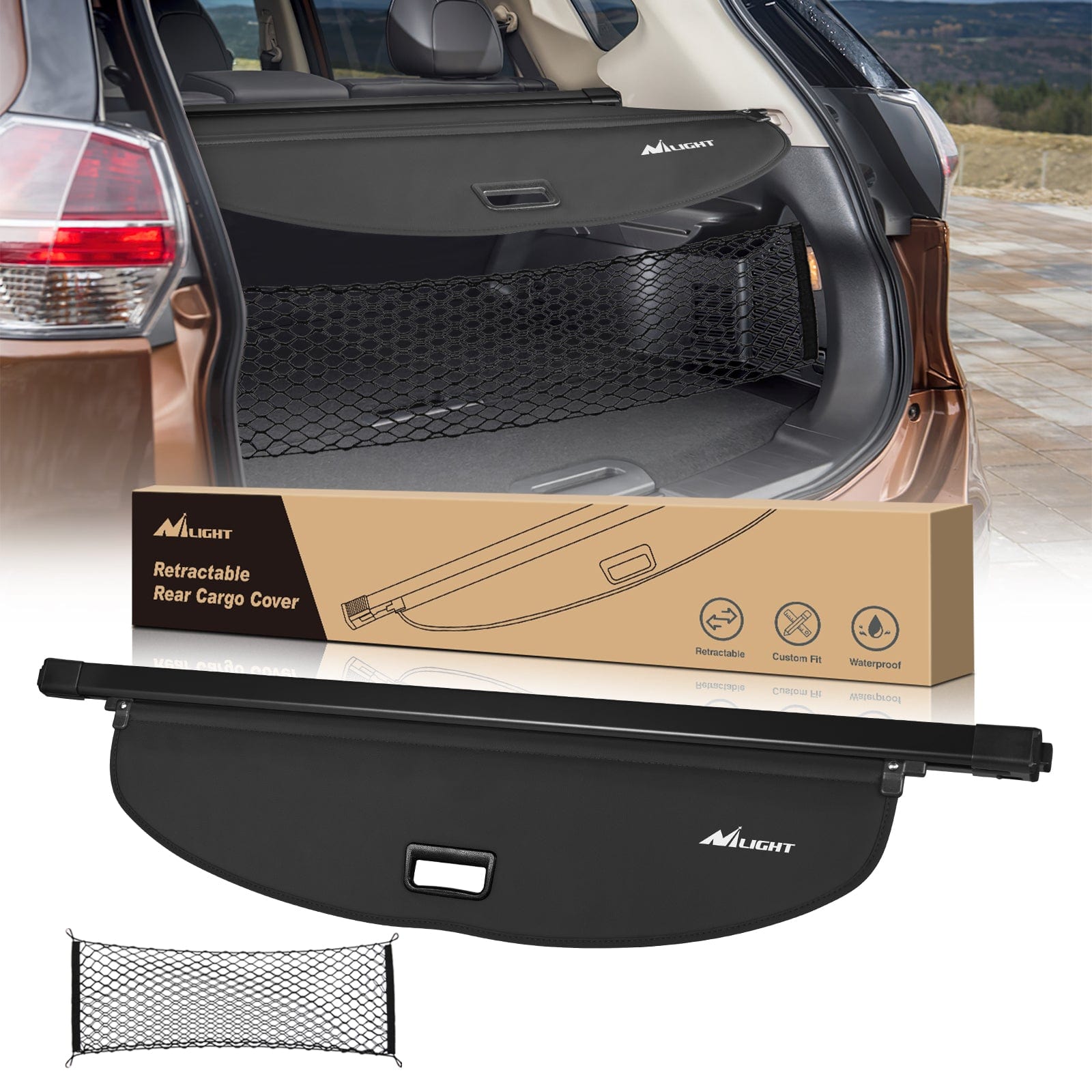 2014-2020 Nissan X-Trail Rogue SV SL Retractable Trunk Cargo Cover with Storage Net - Durable Car Organizer for Road Trips & Grocery Hauling