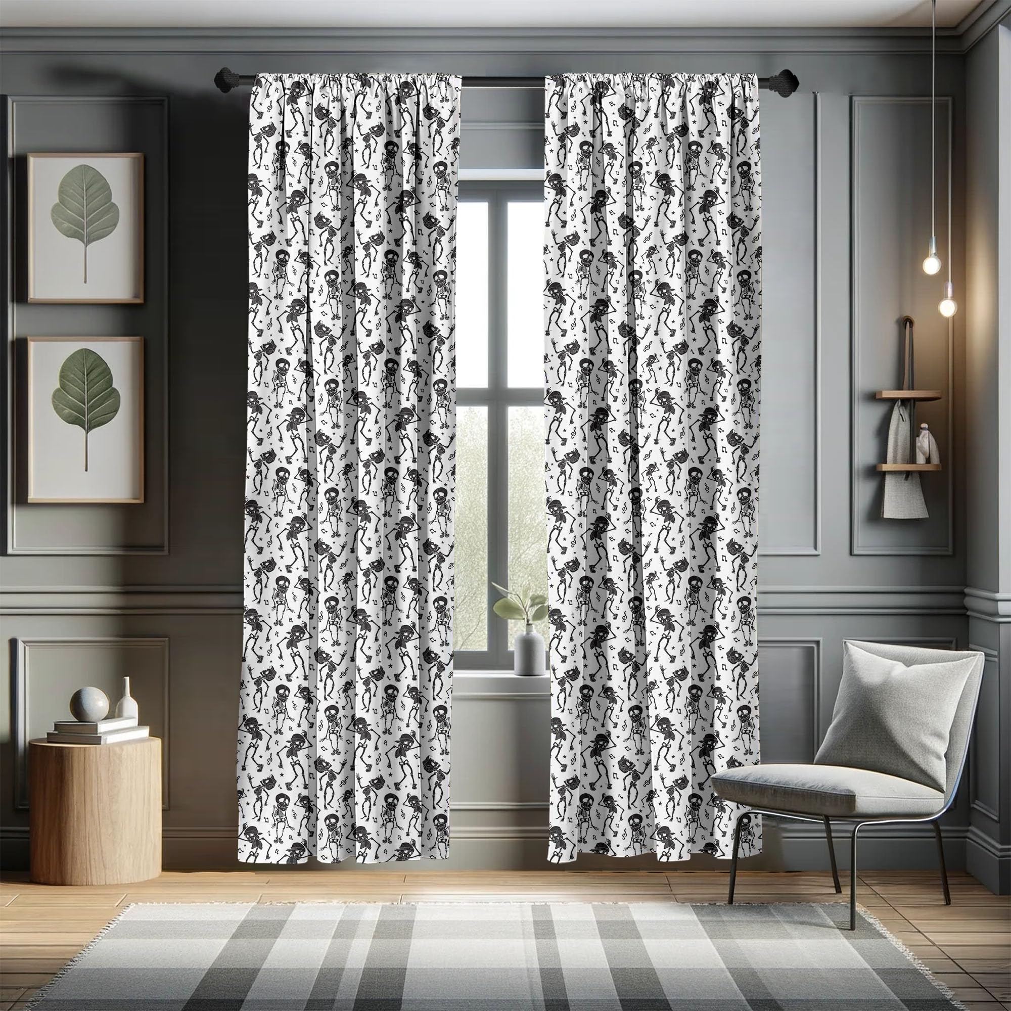 Ambesonne Skeleton Halloween Curtains - Spooky Disco Dancing with Musical Notes, 2 Panel Set (28
