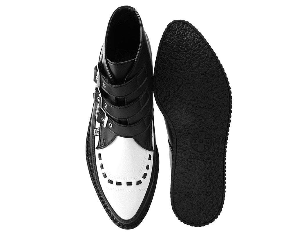 Black & White TUKskin™ 3 Buckle Pointed Creeper Boots - Vintage Punk Rock Ankle Boots for Women | Perfect for Concerts, Gothic Fashion & Alternative Style Outfits
