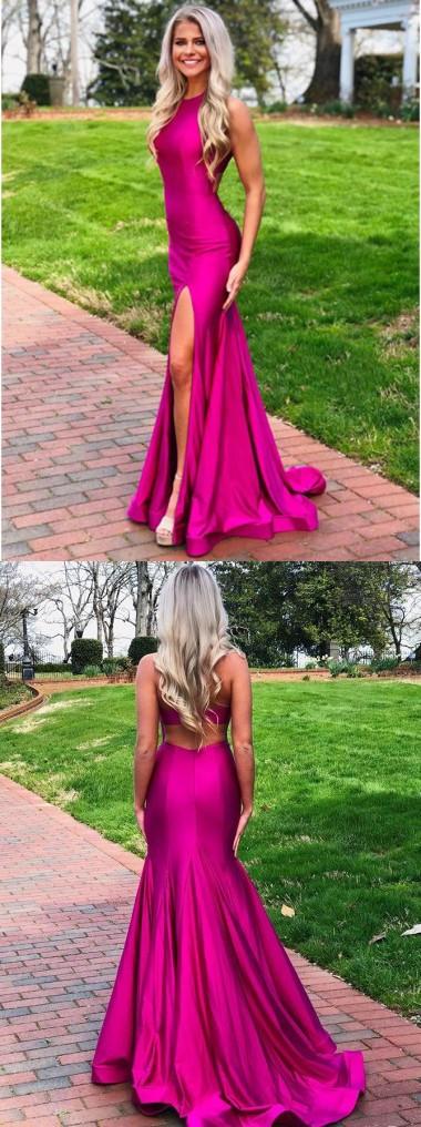 Elegant Hot Pink Mermaid Halter Prom Dress with High Side Slit - Formal Evening Gown for Homecoming, Prom Night & Special Occasions