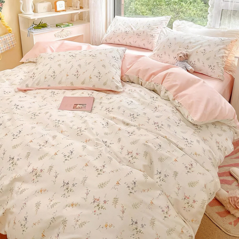 Pale Pink Floral Print Bedding Set - Queen Size 4-Piece Cotton Comforter Set with Pillowcases - Perfect for Spring Bedroom Decor & Guest Room Makeover