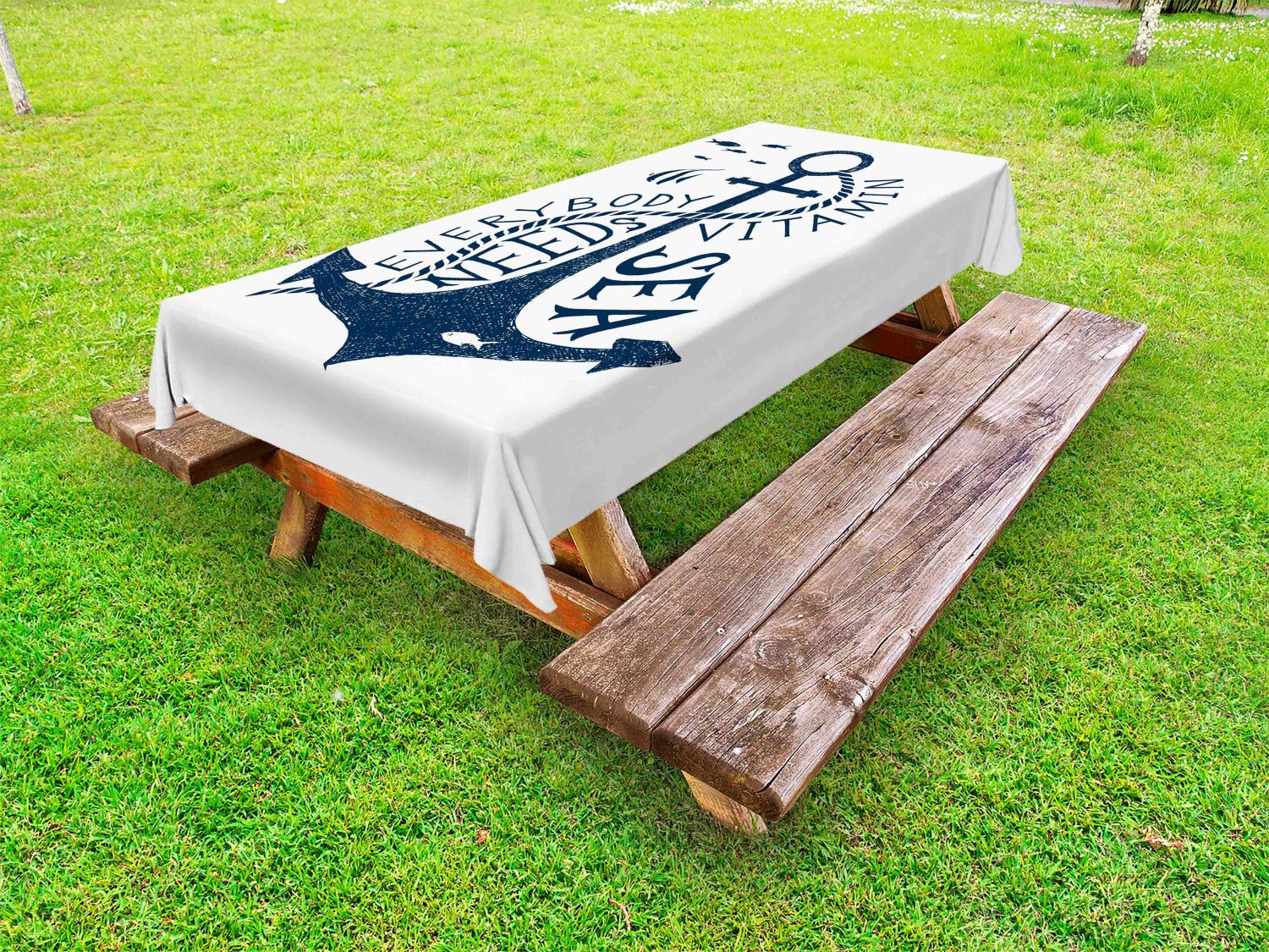 Ambesonne Anchor Outdoor Tablecloth - Hand Drawn Vitamin Sea Design with Monochrome Fish Silhouette, Washable Picnic Table Cover 58x104 Inches, Dark Blue & White - Perfect for Beach Parties, Backyard BBQs and Outdoor Dining
