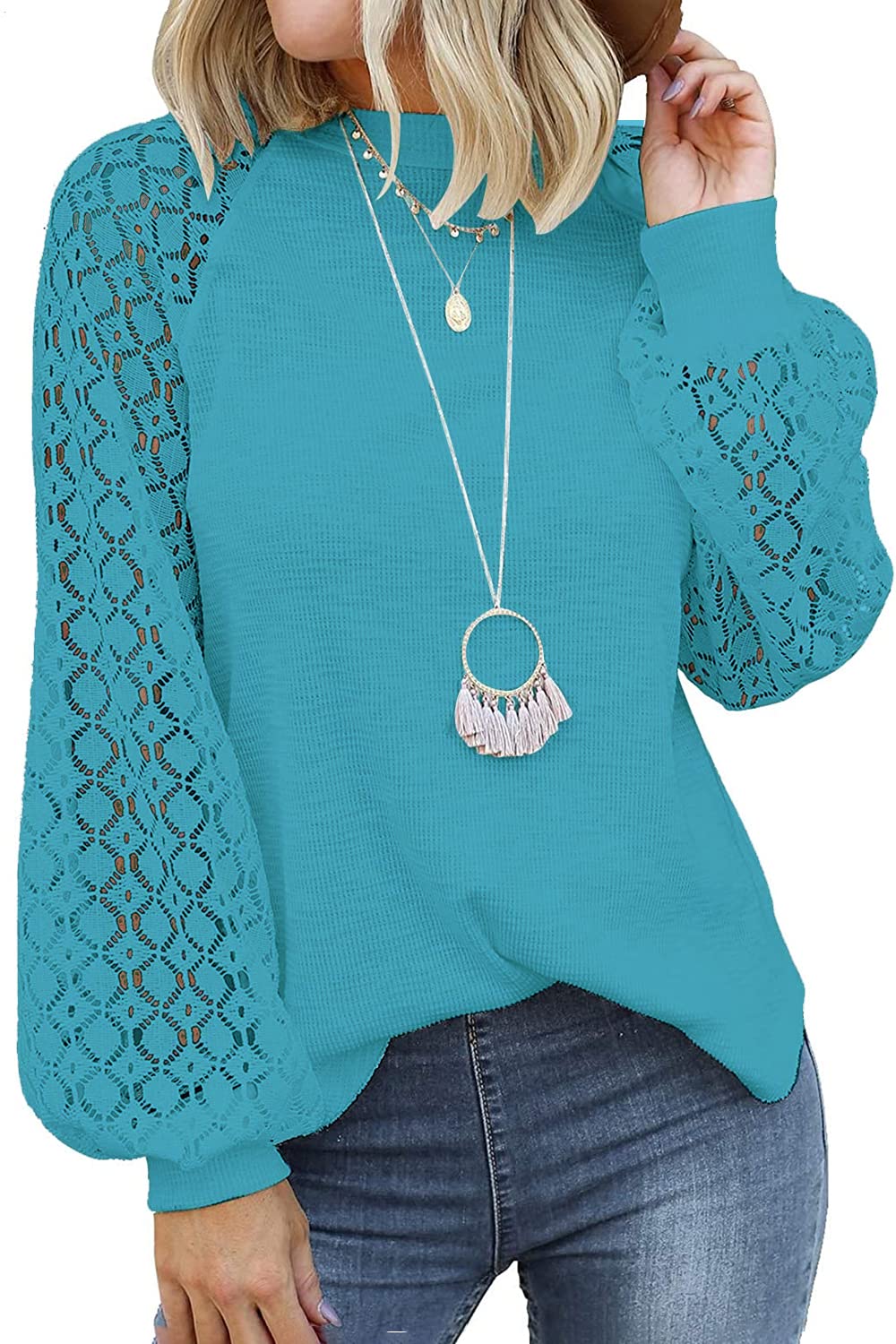 Women's Lace Long Sleeve T-Shirt - Elegant Fall Blouse for Casual Wear, Loose Fit Comfort Top for Office & Date Nights