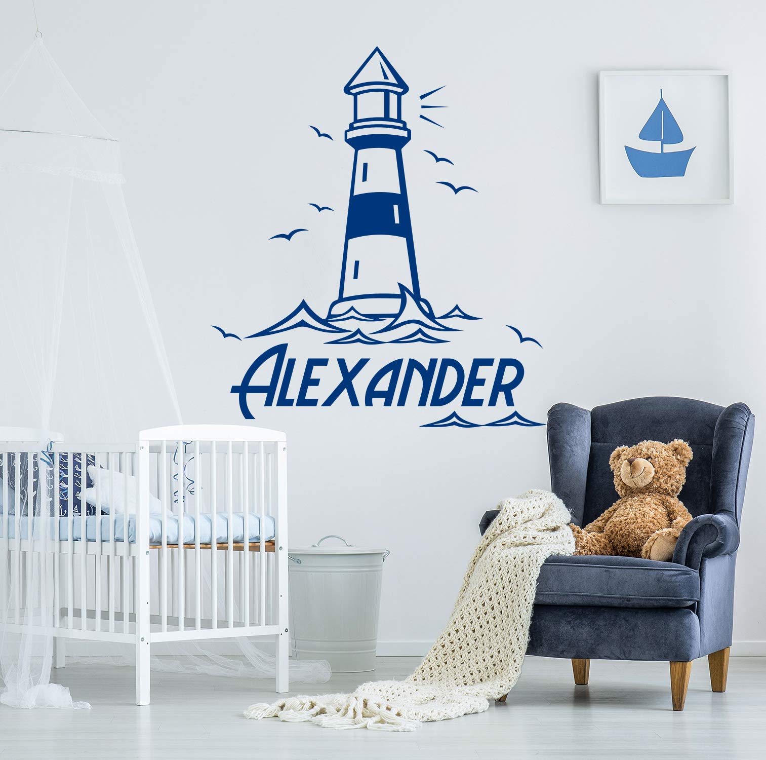 Nautical Boys Name Wall Decal - Custom Lighthouse Vinyl Sticker & Personalized Wall Art for Kids Bedroom Decor | Perfect Above Bed Name Sign for Nursery, Boys Room or Coastal Themed Nursery