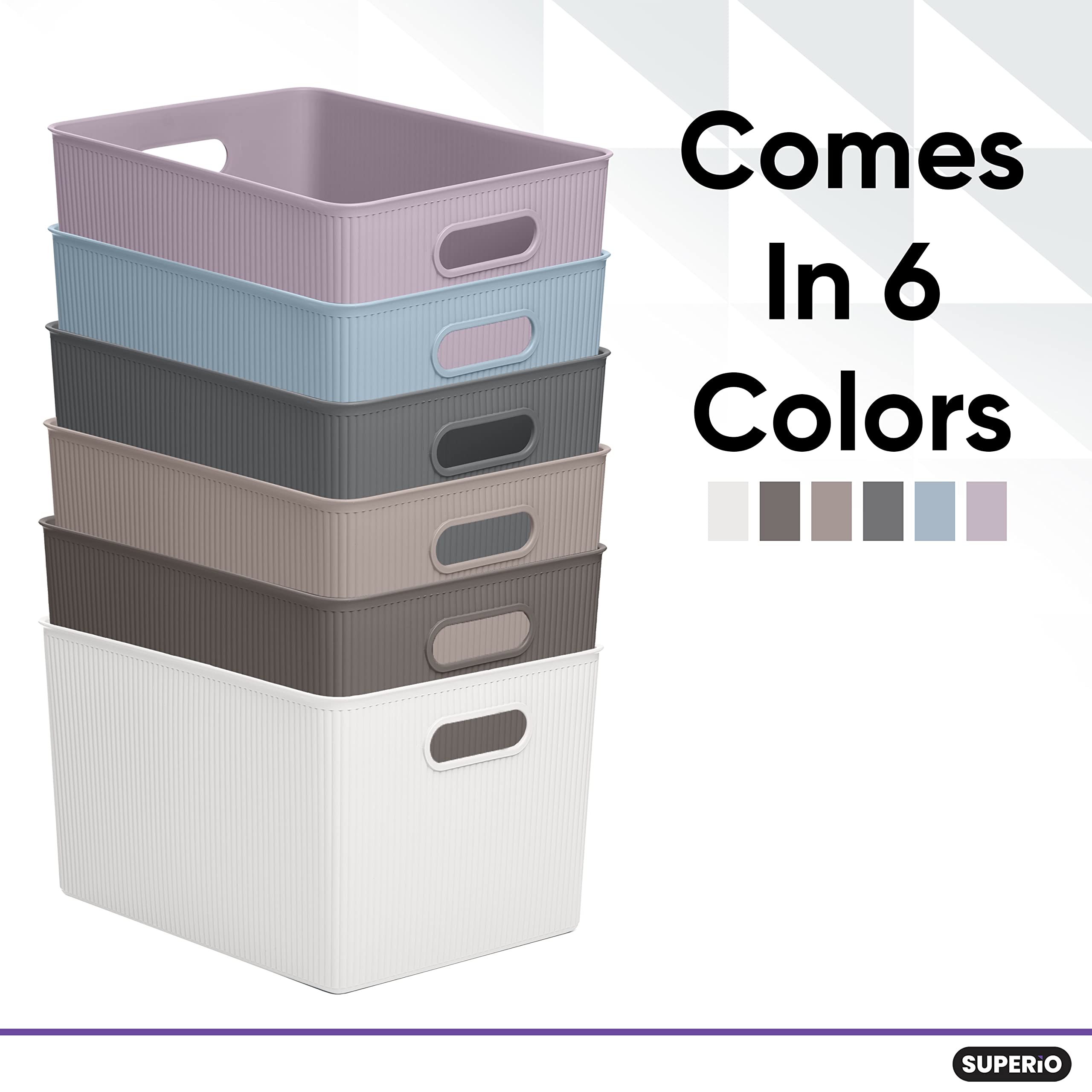 Superio Ribbed Collection - 6 Pack X-Large Taupe Plastic Storage Bins, 22 Liter/23 Quart Decorative Organizer Baskets for Home, Closet, Shelves & Drawers | Space-Saving Open Storage Containers for Bedroom, Bathroom & Office Organization